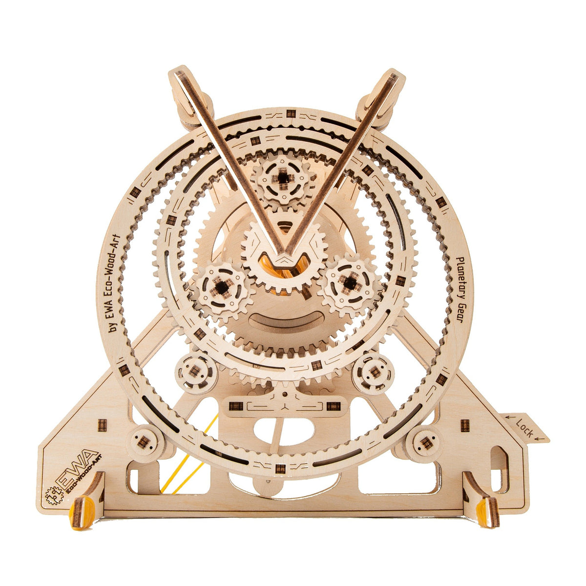 Planetary Gear Mechanism Mechanical Kit, cut-out wooden model viewed from the front on a white background