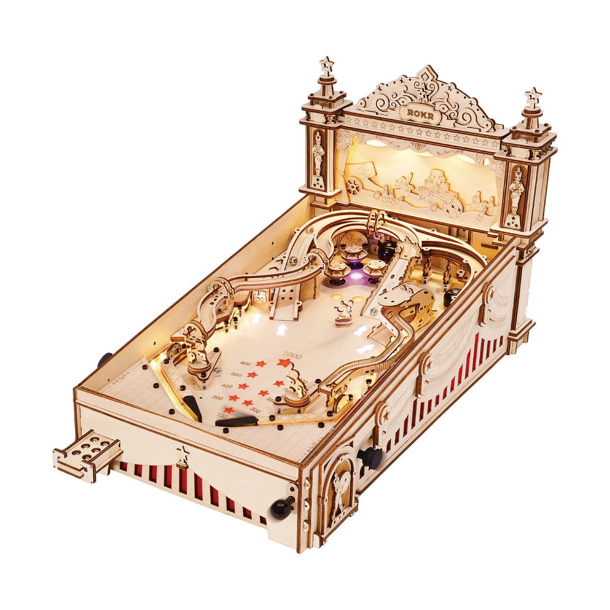 Machine de flipper 3D en bois, en découpe sur fond blanc