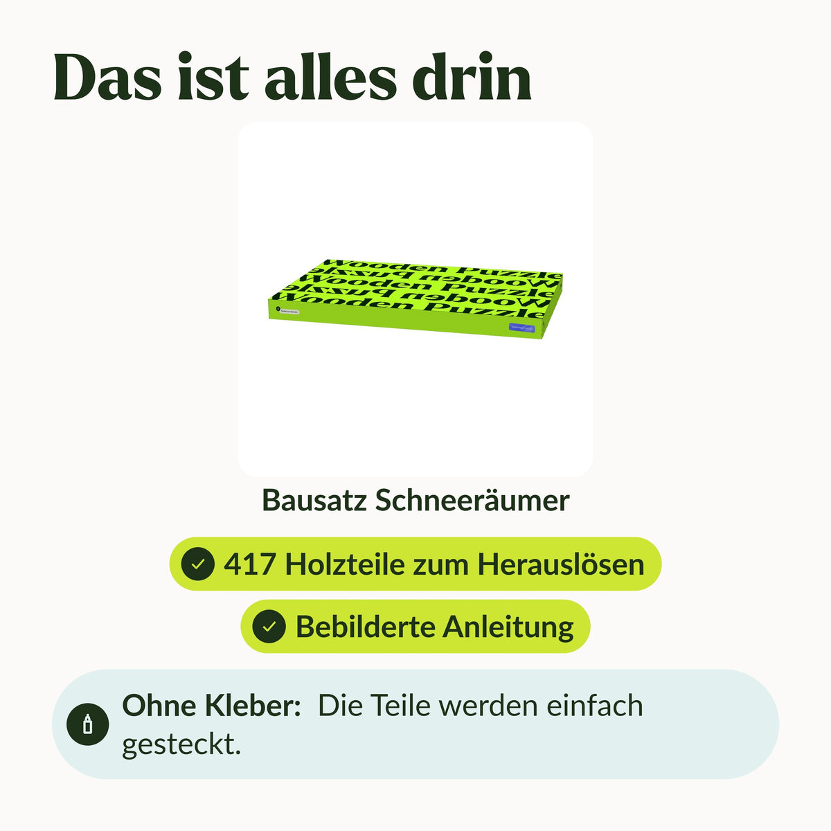 Schneeräumer Lieferumfang im MaHo-Karton: 417 Holzteile zum Herauslösen und bebilderte Anleitung, ohne Kleber gesteckt