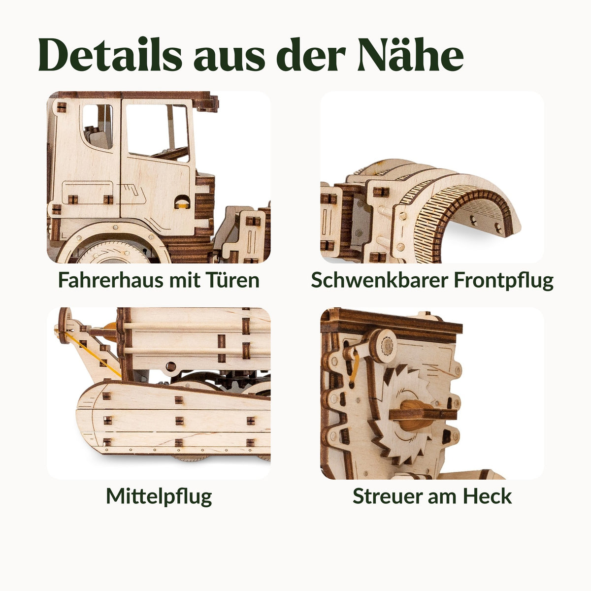 Schneeräumer Holzmodell, vier Details: Fahrerhaus mit Türen, schwenkbarer Frontpflug, Mittelpflug und Streuer am Heck