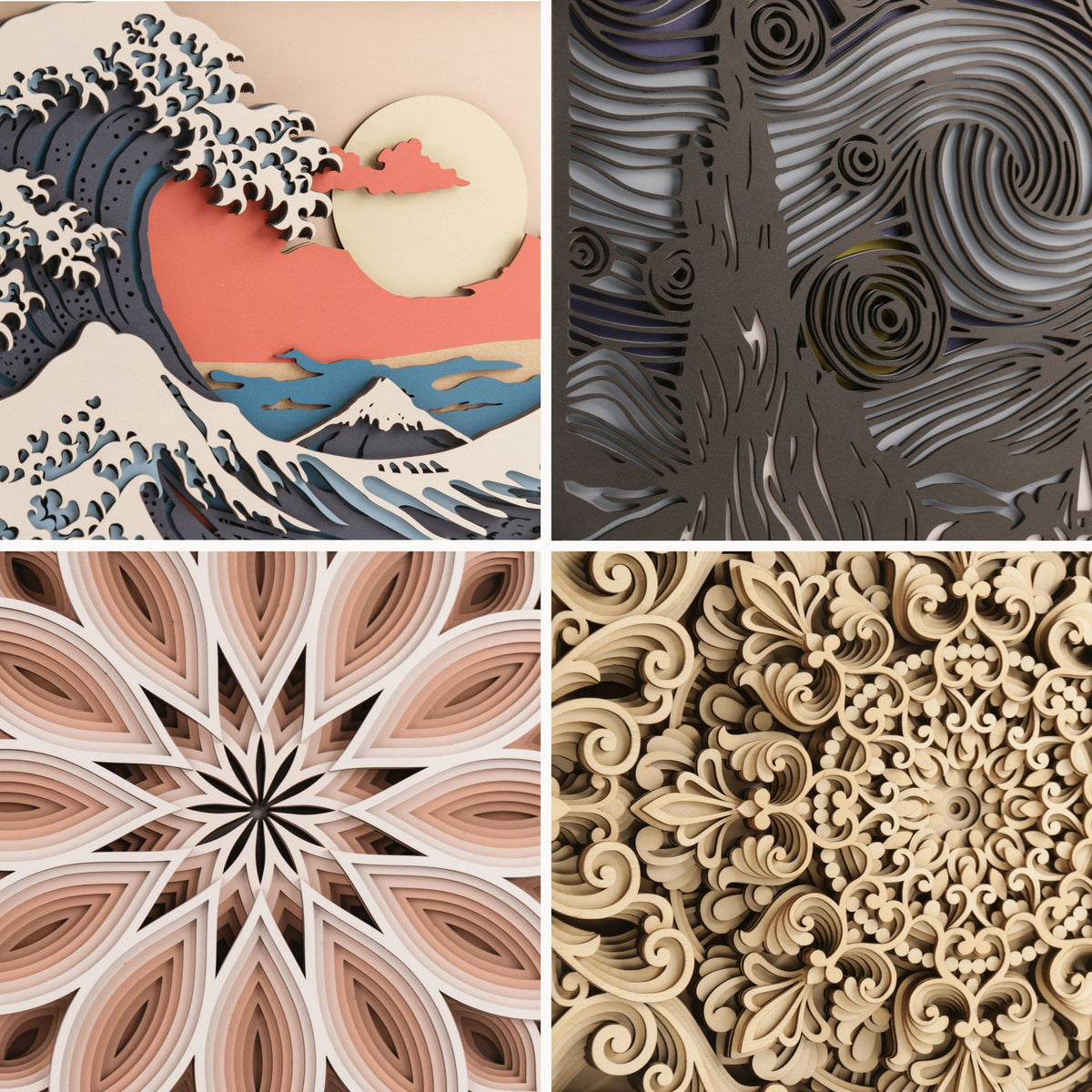 Magic Wall Art | 3D Wall Art, Close-ups of the Laser-Cut Wood Layers of Four Designs in Detail