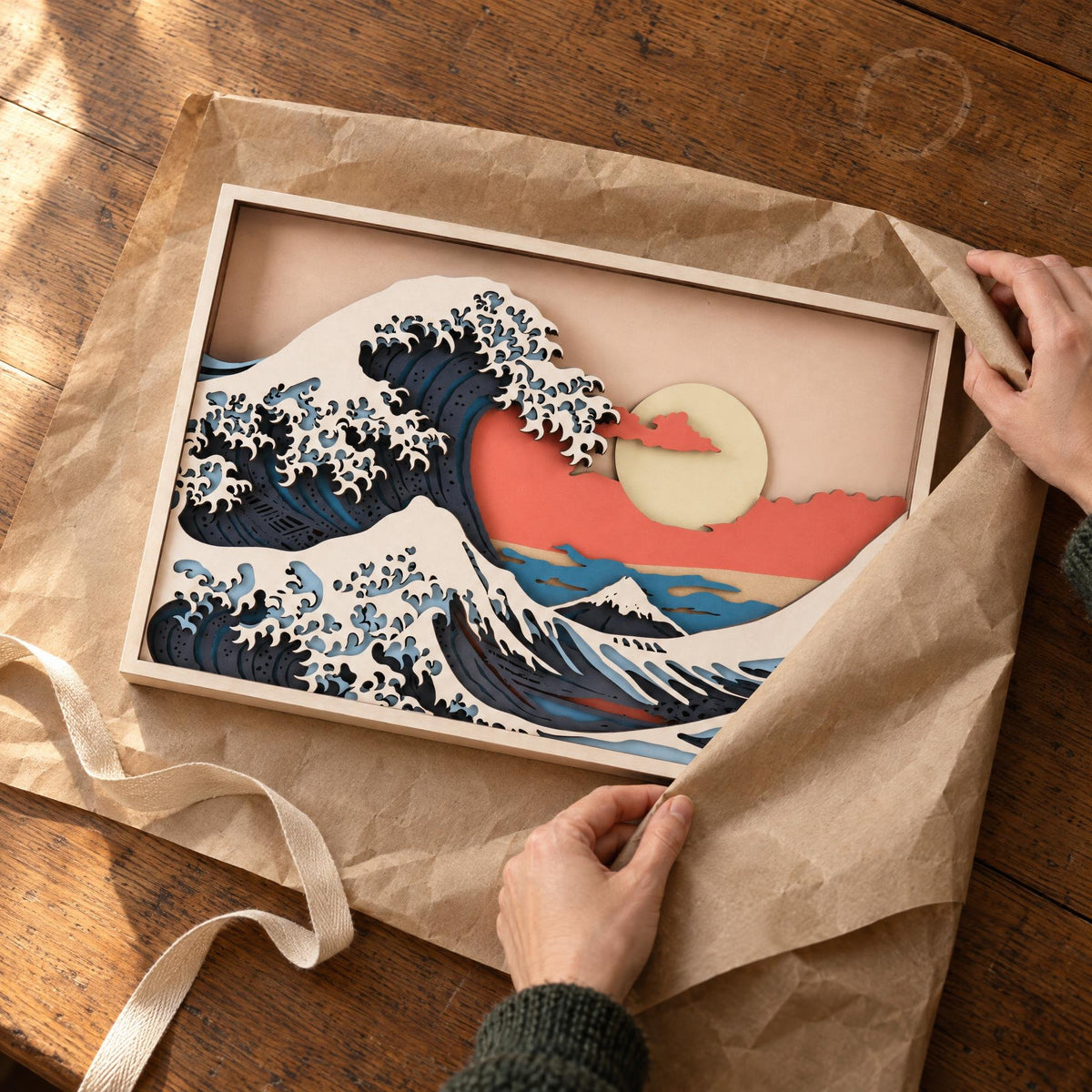 Magic Wall Art | 3D Wall Art: "The Great Wave" made of brown packing paper with cotton ribbon