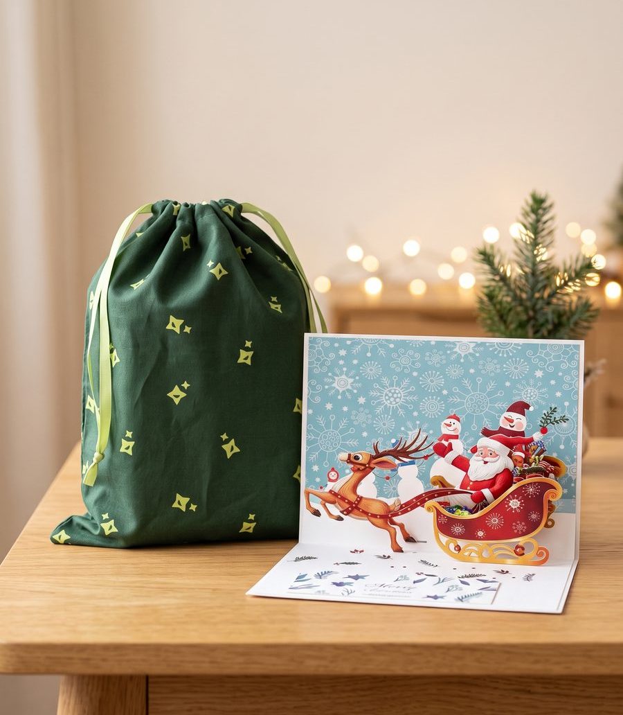 Cadeauset: groene katoenen tas en 3D-pop-up-kerstkaart op een houten tafel