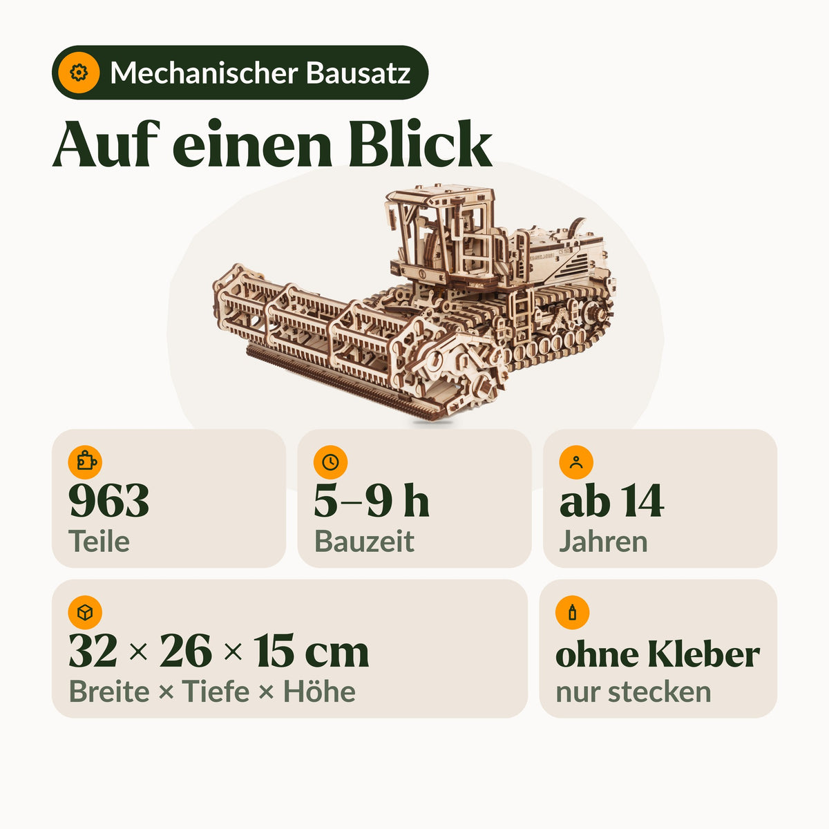 Mower CS-150C – Schwadmäher, Übersicht: 963 Teile, 5 bis 9 Stunden Bauzeit, ab 14 Jahren, Größe 32 × 26 × 15 cm