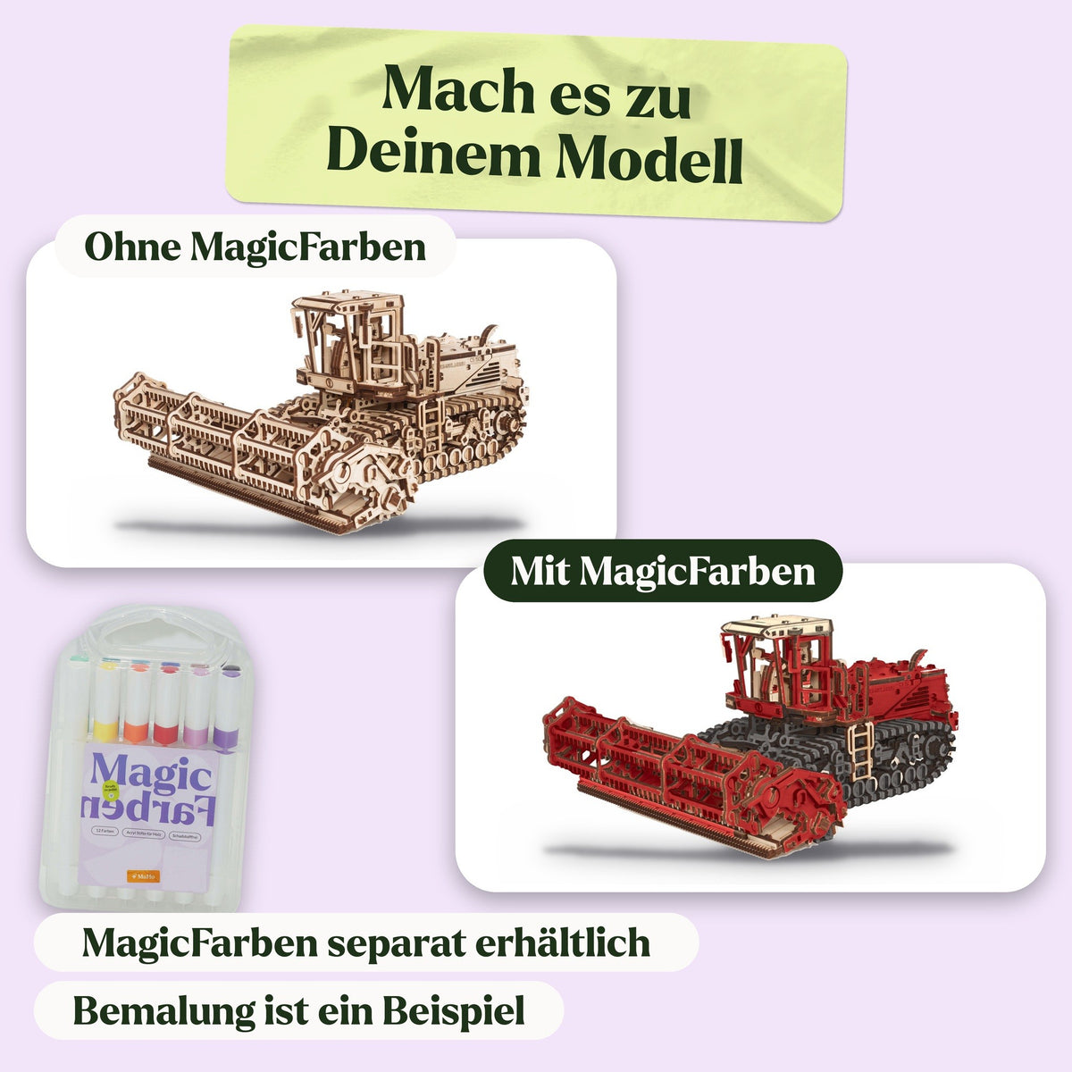 Mower CS-150C – Schwadmäher, naturbelassen und als Beispiel in Werksrot mit anthrazitfarbenen Raupen bemalt