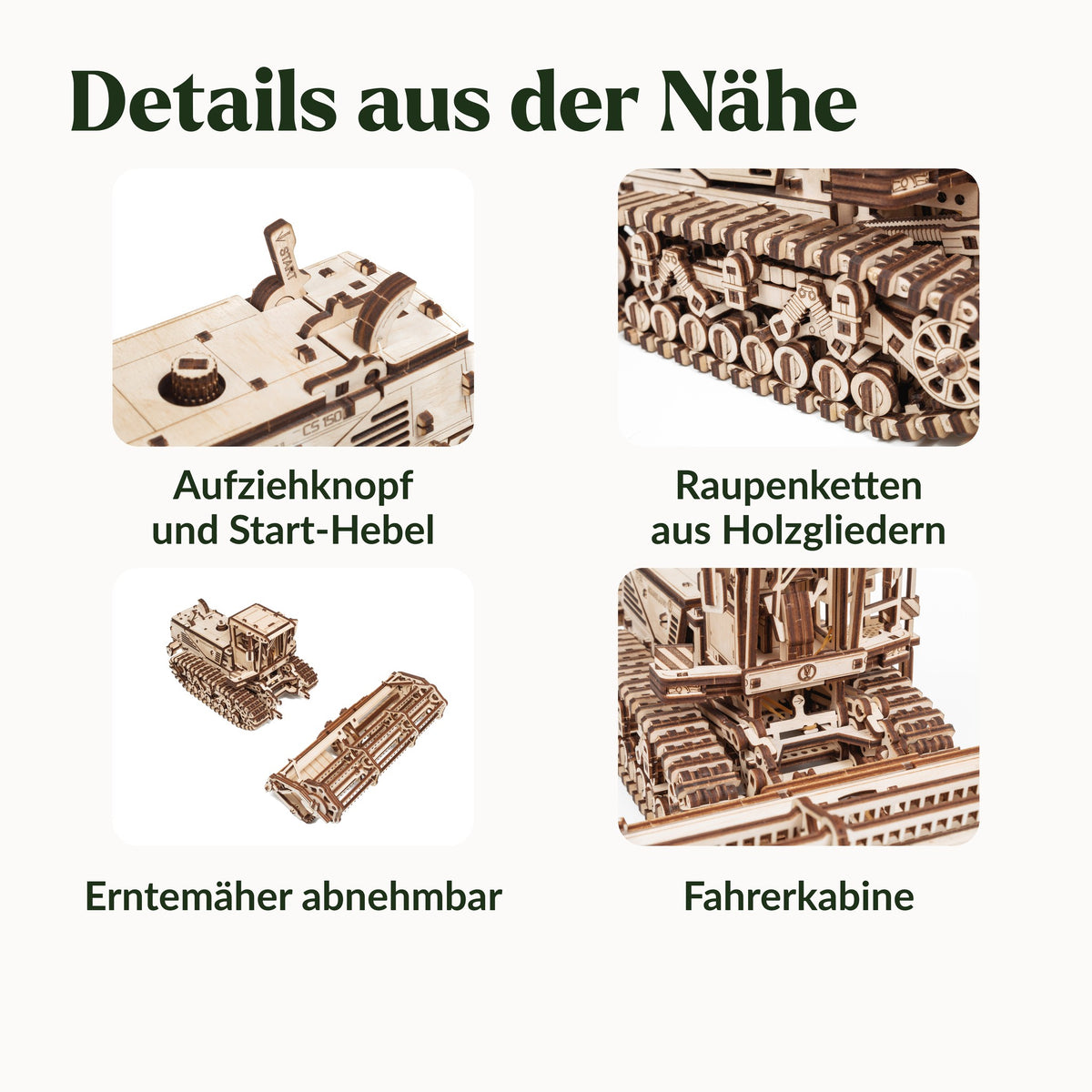 Mower CS-150C – Schwadmäher, vier Detailfotos: Aufziehknopf und Start-Hebel, Raupenketten, abnehmbarer Erntemäher, Kabine