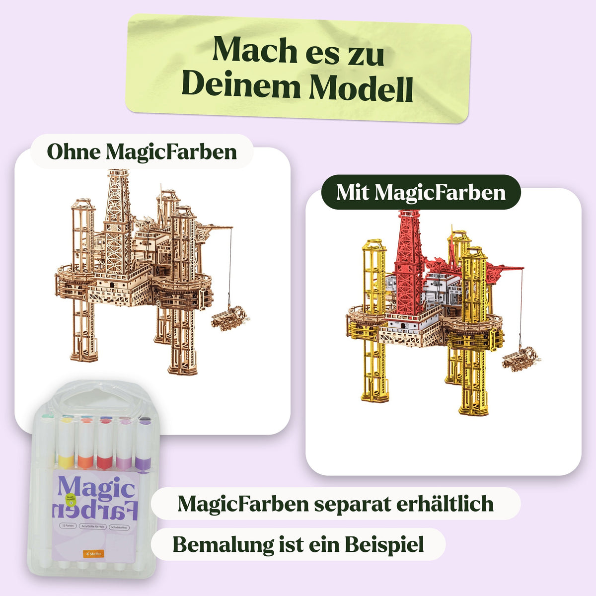 Offshore Oil Rig Wooden Model Kit, natural finish, shown here painted with Magic Paints (Magic Paints sold separately)