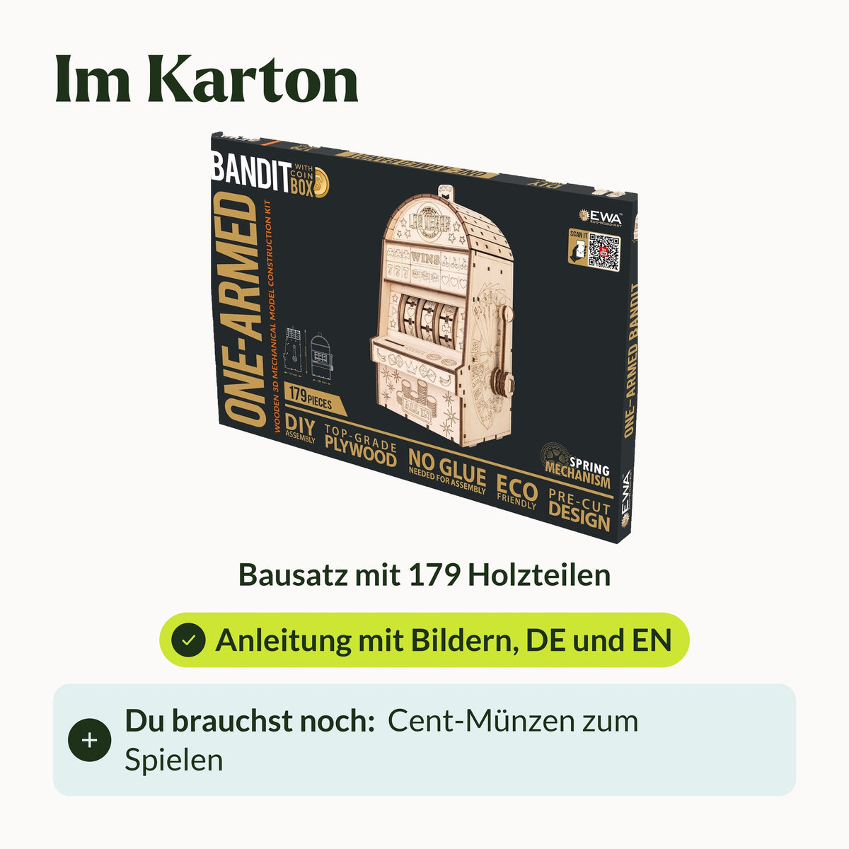 Einarmiger Bandit Holzbausatz, Karton mit 179 Holzteilen und bebilderter Anleitung, Münzen nicht enthalten
