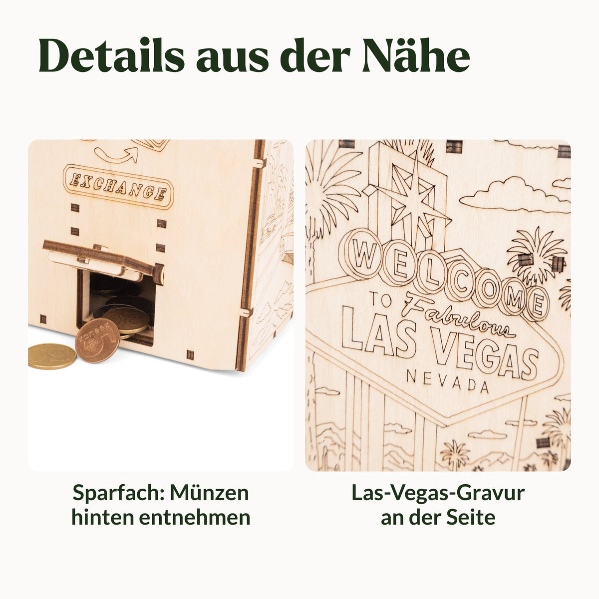 Einarmiger Bandit Holzbausatz, Details: Sparfach mit Münzen hinten und Las-Vegas-Gravur an der Seite