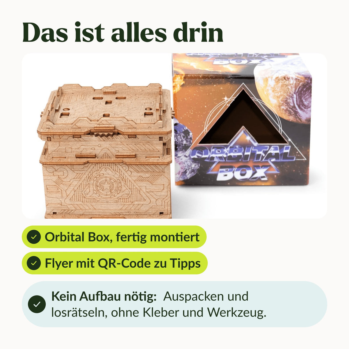 Coffret Orbital Box (coffret d'énigmes) – Contenu : coffret entièrement monté, avec un carton et un dépliant comportant un code QR vers des astuces