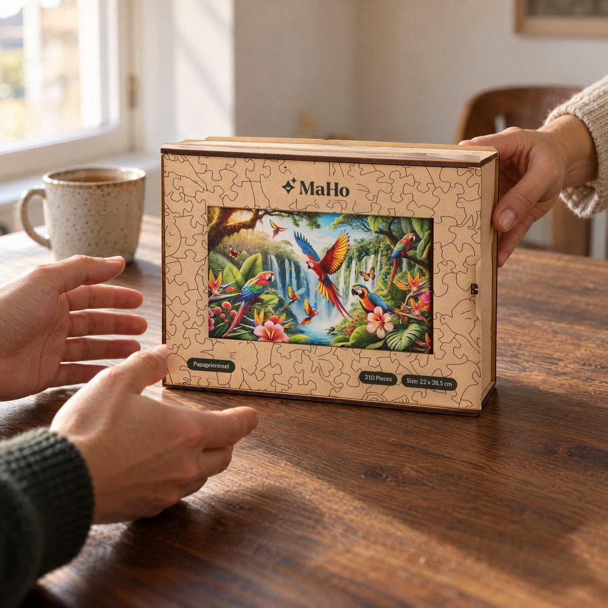 Puzzle en bois « L'île aux perroquets », coffret en bois avec un motif sur le devant, à offrir en cadeau