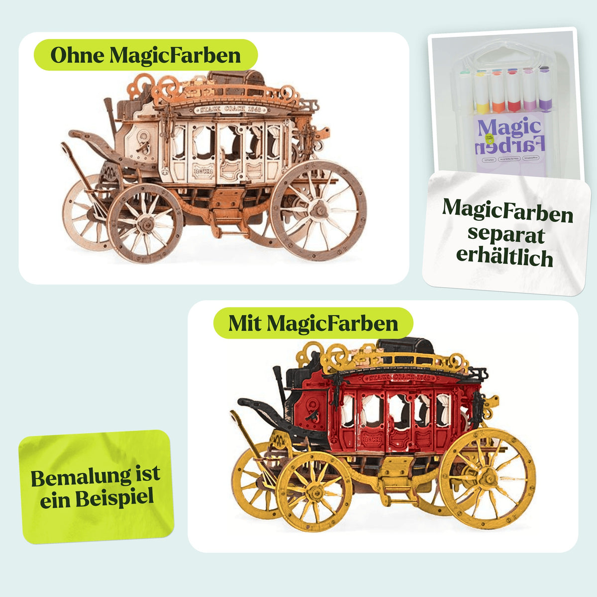 Stagecoach Music Box Wooden Kit, natural finish and painted with Magic Paints as an example (Magic Paints sold separately)