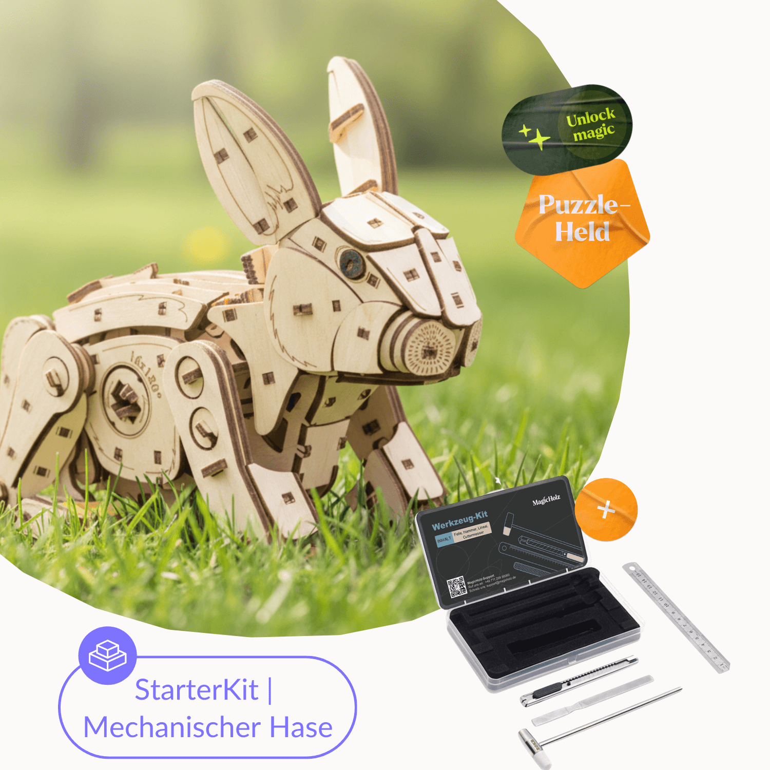 Mechanisch konijn Mechanische houten puzzel Eco-Wood-Art StarterKit | Mechanisch konijn + gereedschapsset