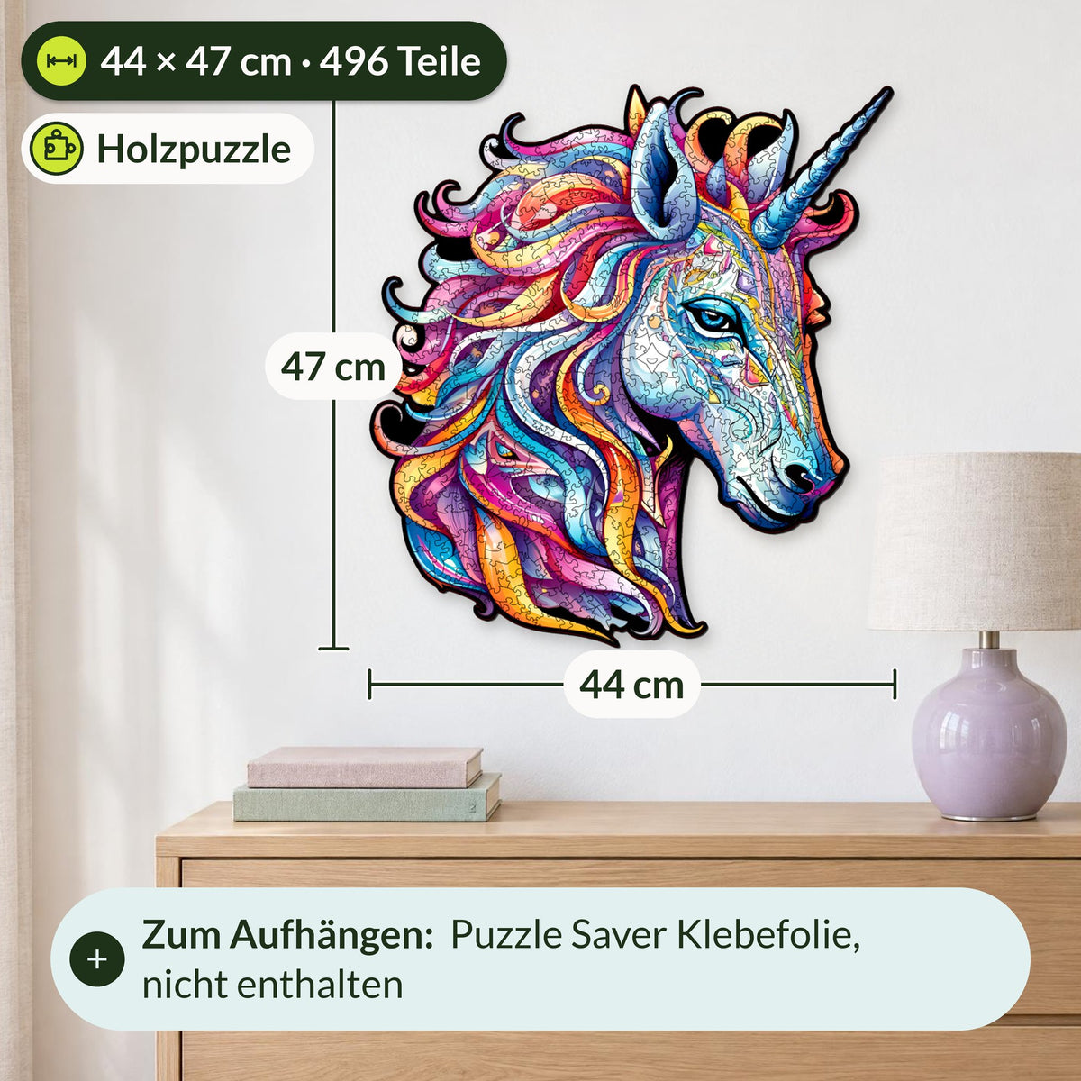 Rainbow Unicorn Wooden Puzzle, size XL (44 x 47 cm) with 496 pieces, hanging on the wall above a light-colored dresser