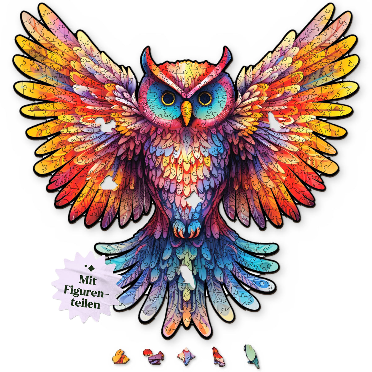 Rainbow Feather Owl Wooden Puzzle, with a design on top in white, and below it character pieces such as a rabbit, a squirrel, and a star