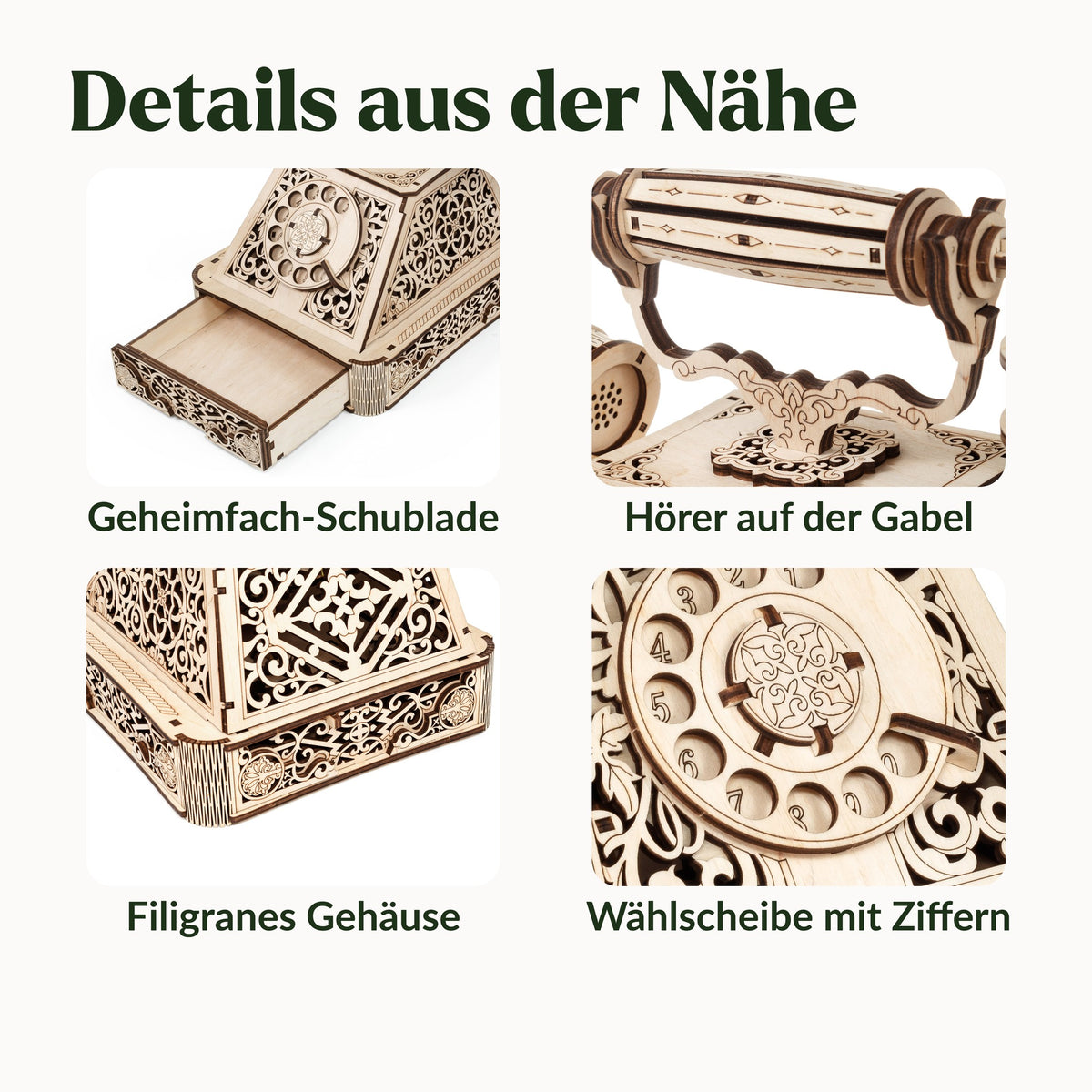 Retro Telephone – Vintage Bausatz, vier Detailfotos: Geheimfach-Schublade, Hörer auf der Gabel, Gehäuse, Wählscheibe