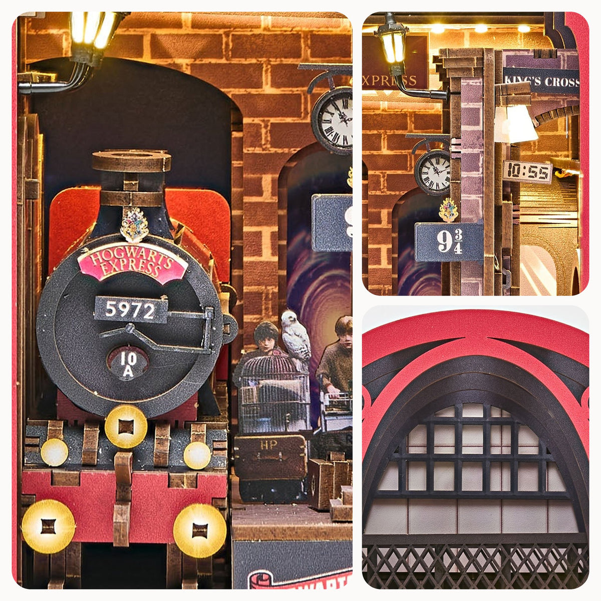 Hogwarts Express Book Nook, details: locomotief 5972 met uilenkooi, bordje ‘Perron 9¾’ met klok en lantaarn, boog met glazen dak