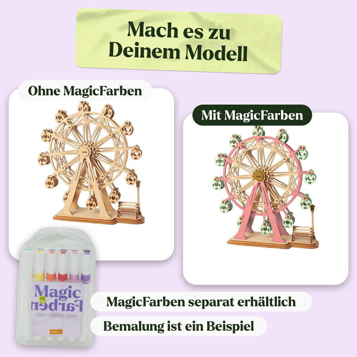 Riesenrad Holzbausatz, naturbelassen und als Beispiel mit MagicFarben bemalt (MagicFarben separat erhältlich)