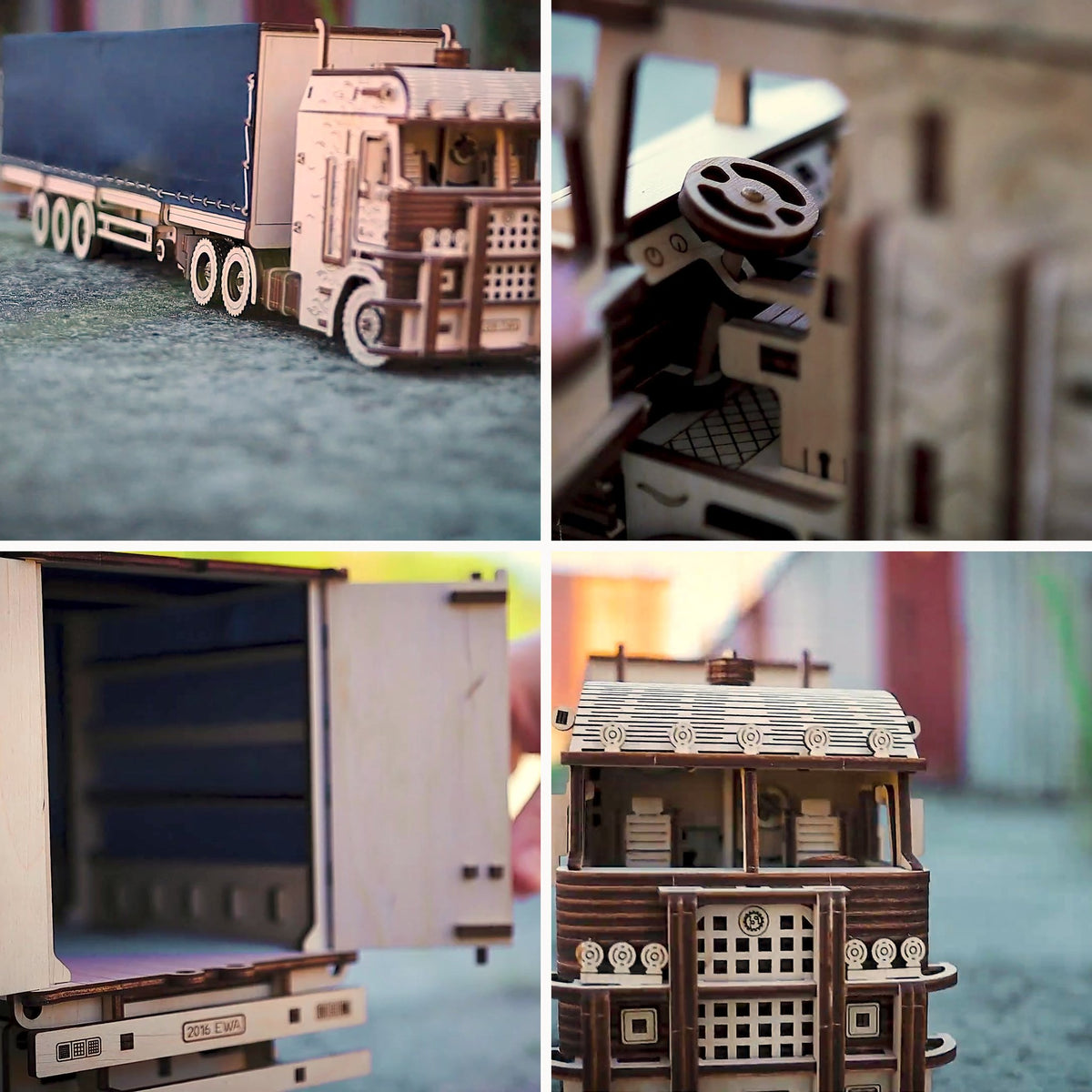 Road King Truck Wooden Model Kit, Details: Truck and trailer on the move, steering wheel behind the driver's door, rear doors, front
