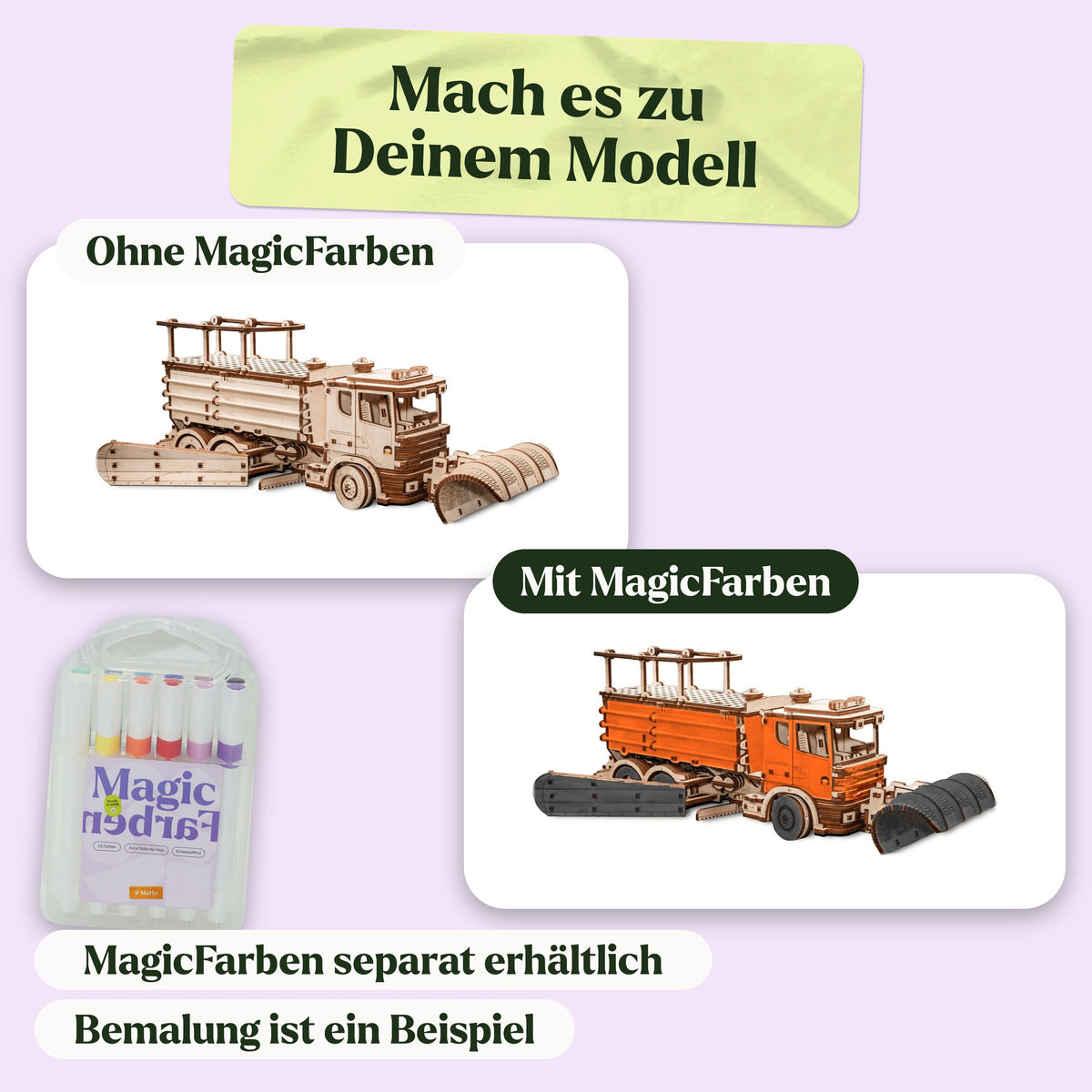 Mechanischer LKW Schneeräumer, naturbelassen und als Beispiel mit MagicFarben bemalt (MagicFarben separat erhältlich)