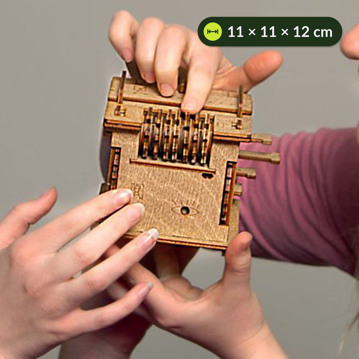 Cluebox "Schrödinger's Cat," held by several hands, about 11 cm wide and 12 cm tall, with rotating rollers