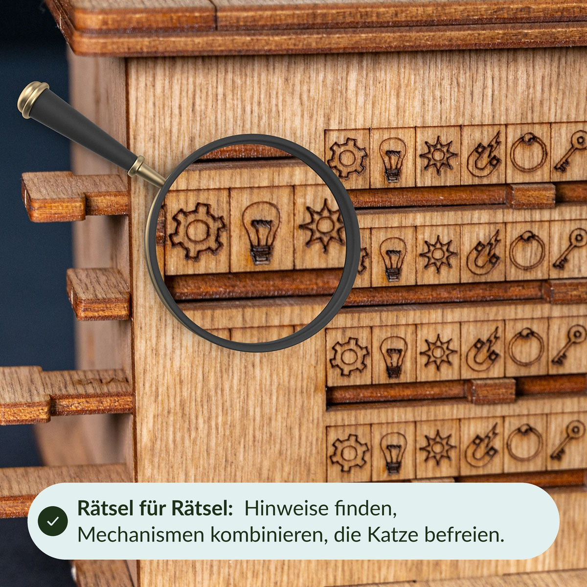 Cluebox: Schrödinger's Cat with a magnifying glass on the symbol sliders: Find and combine clues, without a solution
