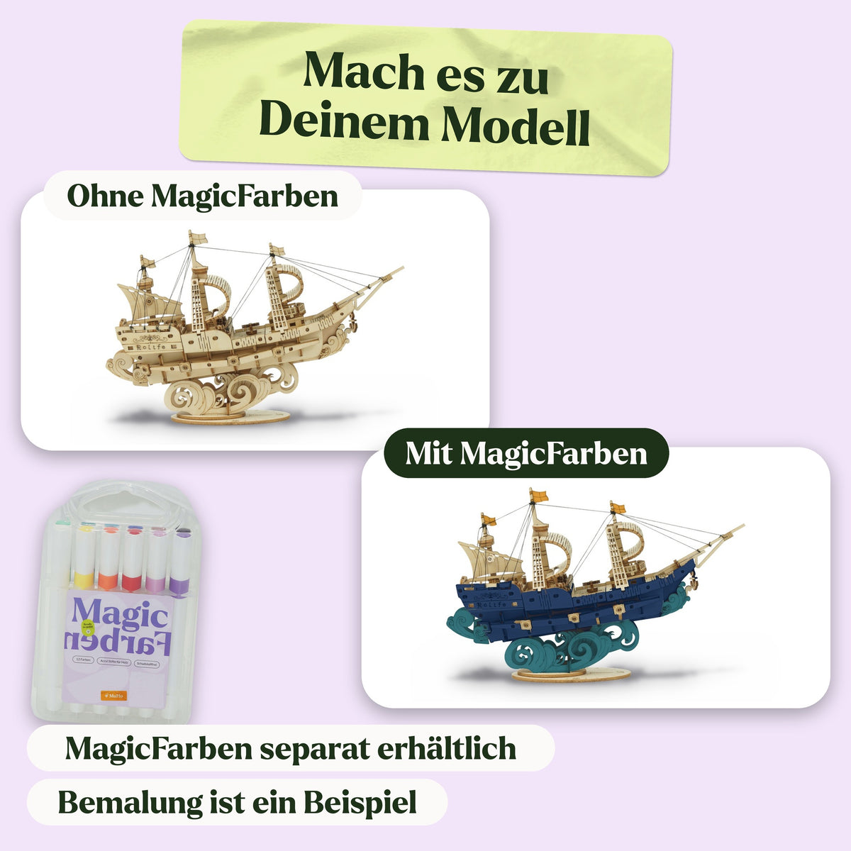 Segelschiff Holzbausatz, naturbelassen und als Beispiel mit MagicFarben bemalt (MagicFarben separat erhältlich)