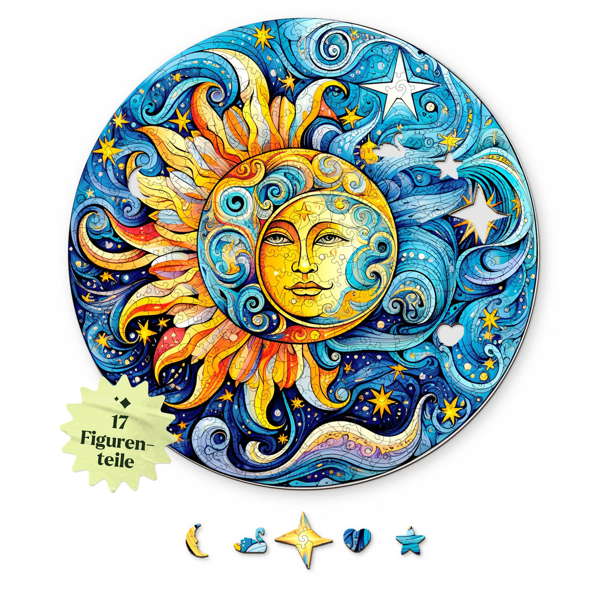 Sun and Moon Mandala Wooden Puzzle, round design on top in white, with figures such as a crescent moon, a swan, and a heart below