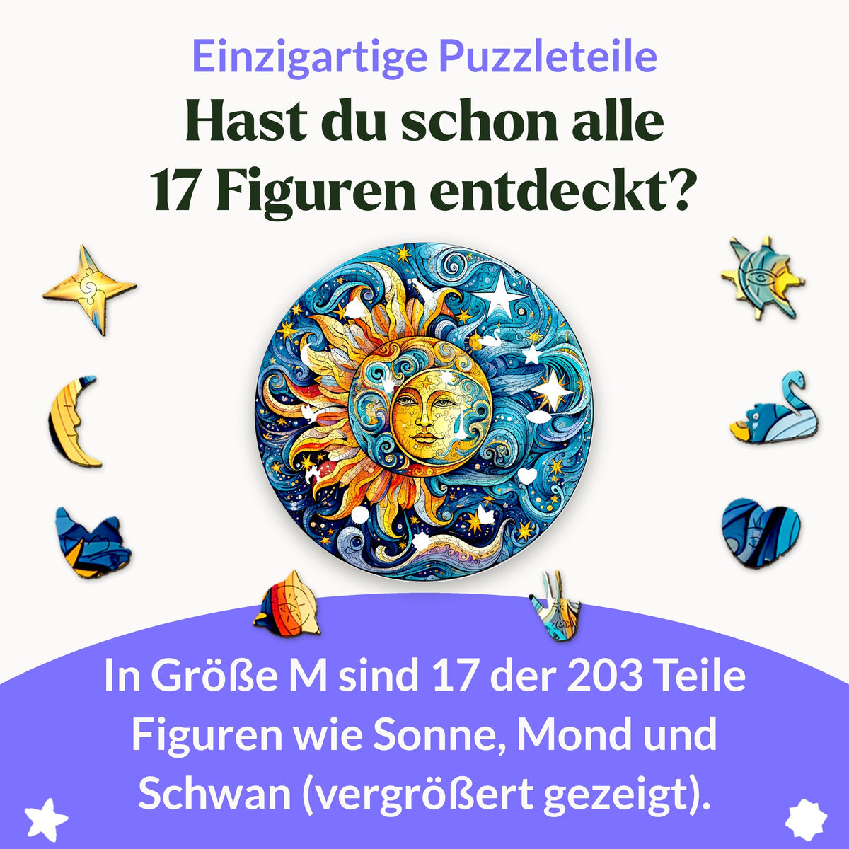 Sun and Moon Mandala Wooden Puzzle, featuring 17 pieces such as the sun, moon, swan, and star