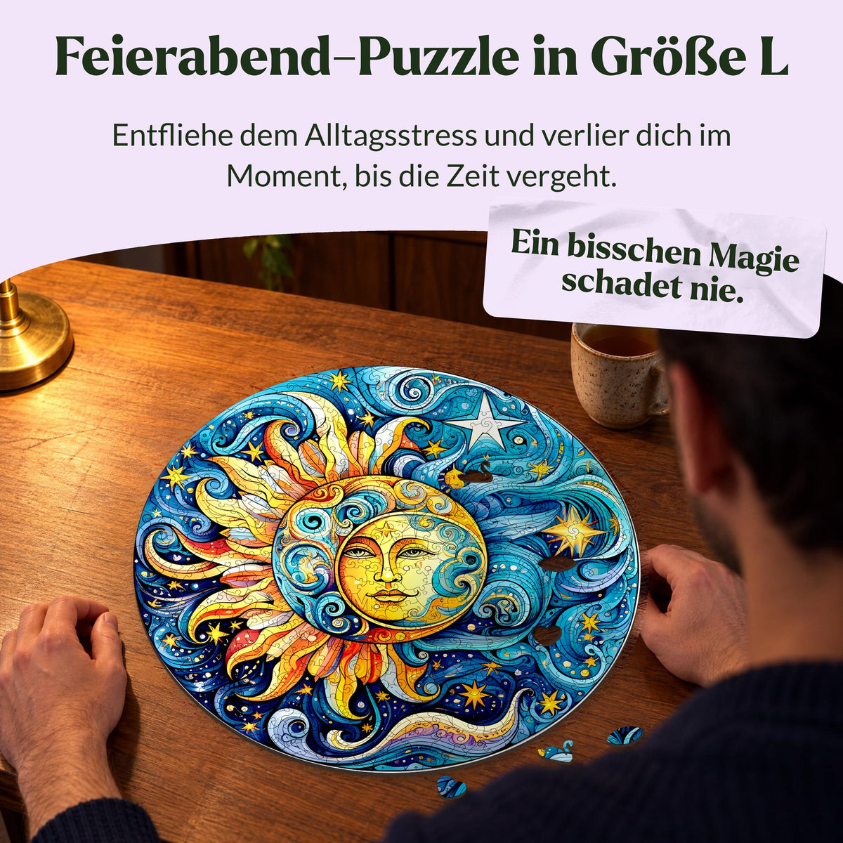 Sun and Moon Mandala Wooden Puzzle, a man doing the puzzle in the evening under a brass lamp, Size L, loose puzzle pieces next to it