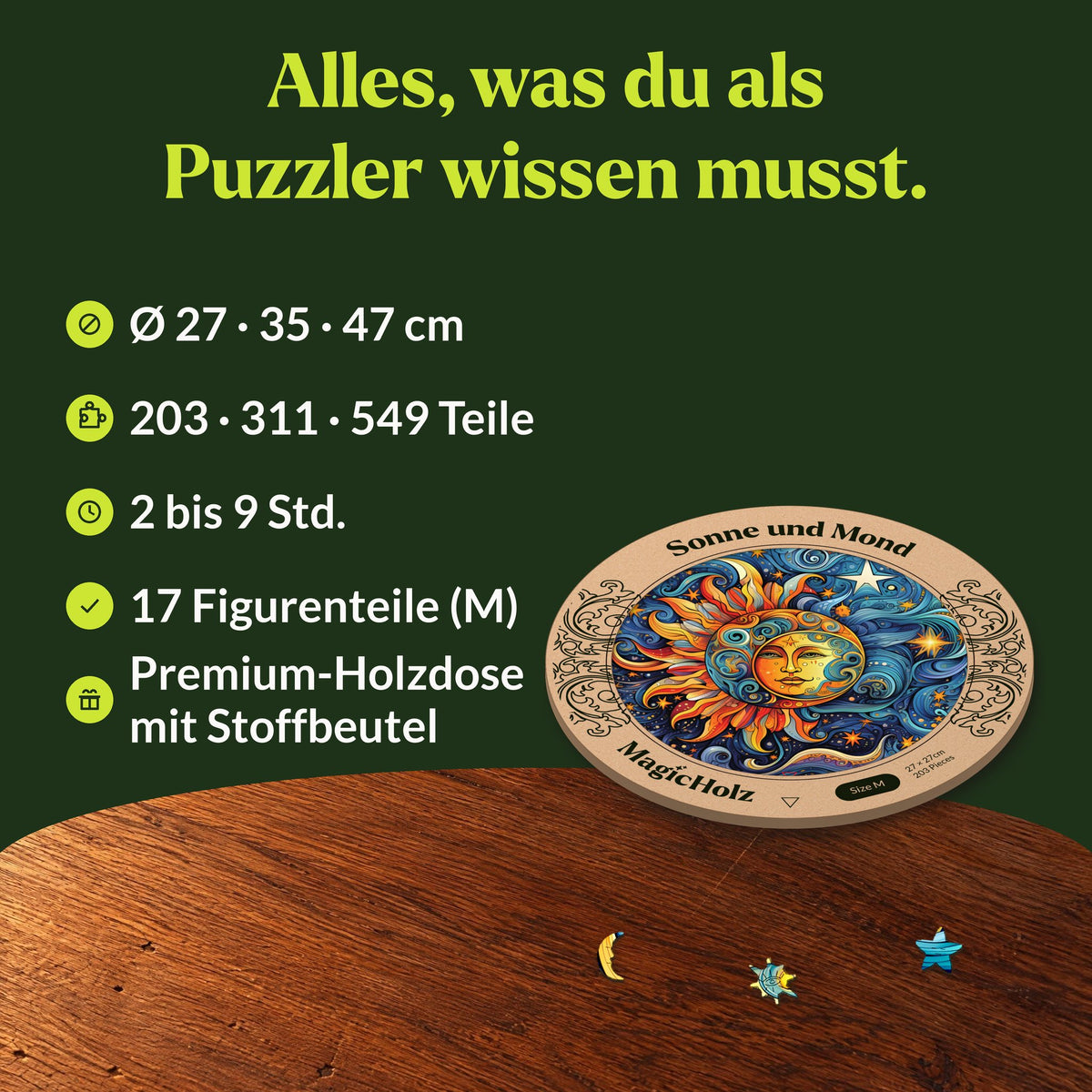 Sun and Moon Mandala Wooden Puzzle, Details: Ø 27, 35, and 47 cm, 203 to 549 pieces, premium wooden box with fabric pouch