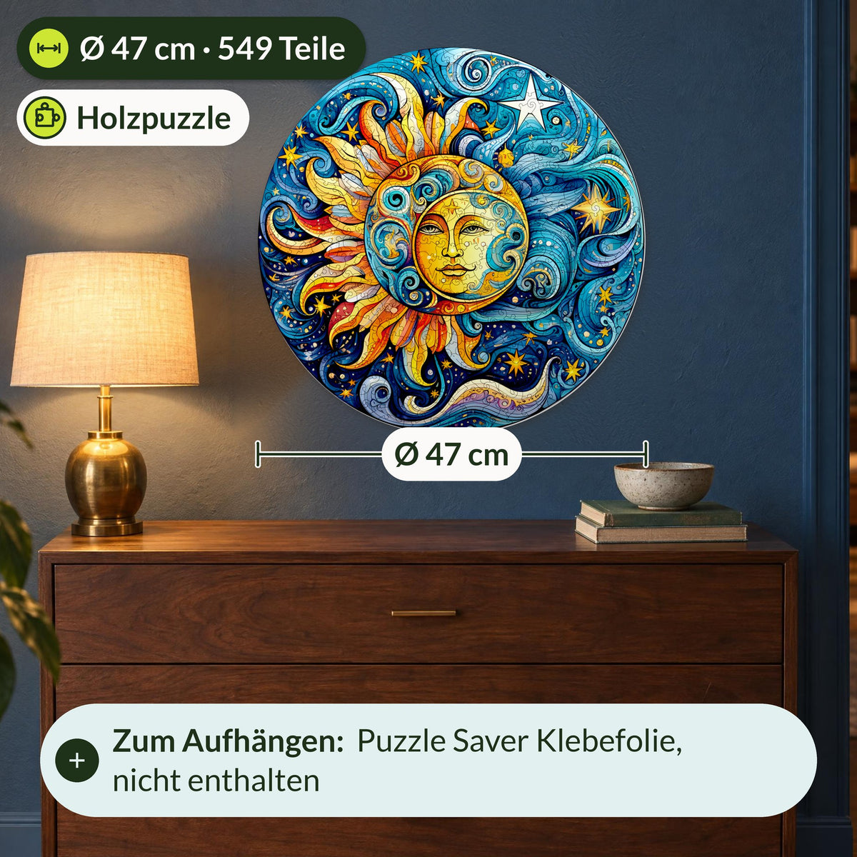 Sun and Moon Mandala Wooden Puzzle, Size XL, Ø 47 cm, 549 pieces, on a blue wall above a walnut dresser