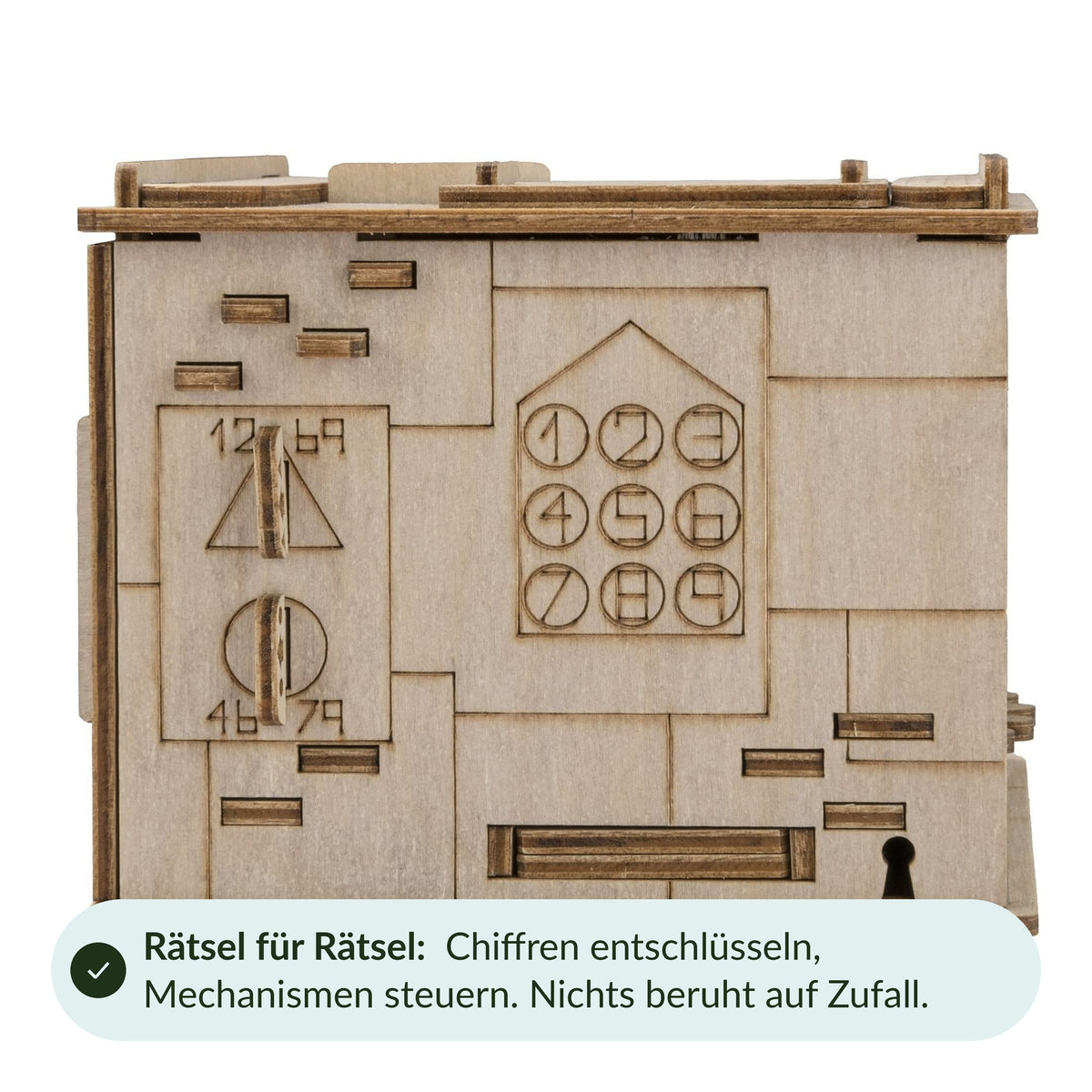 Space Box " Riddle Box " from the front: number pad, symbols, and sliders; decode the ciphers—no solution provided