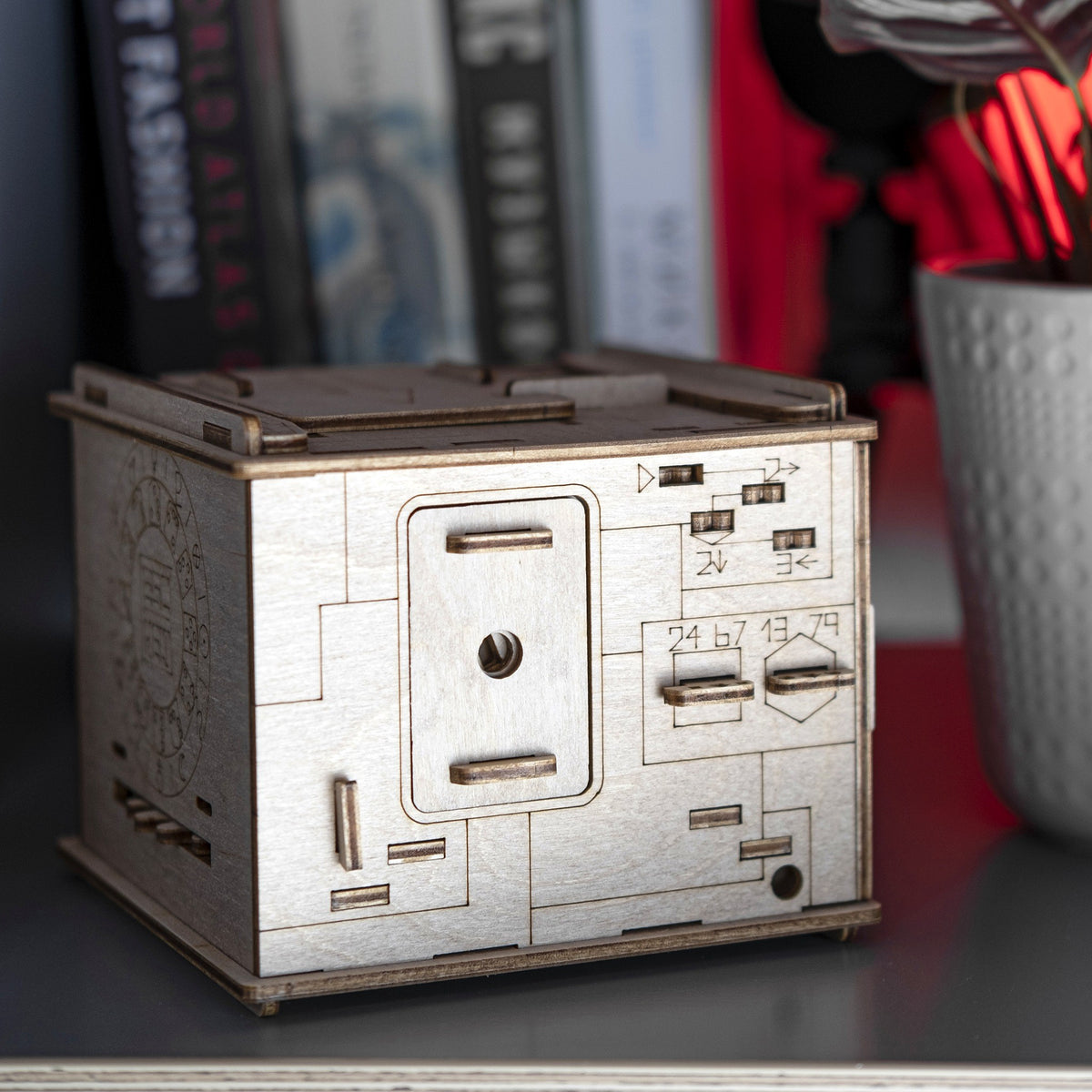 Space Box Riddle Box on the bookshelf next to a plant: once opened, it makes for an eye-catching decorative piece