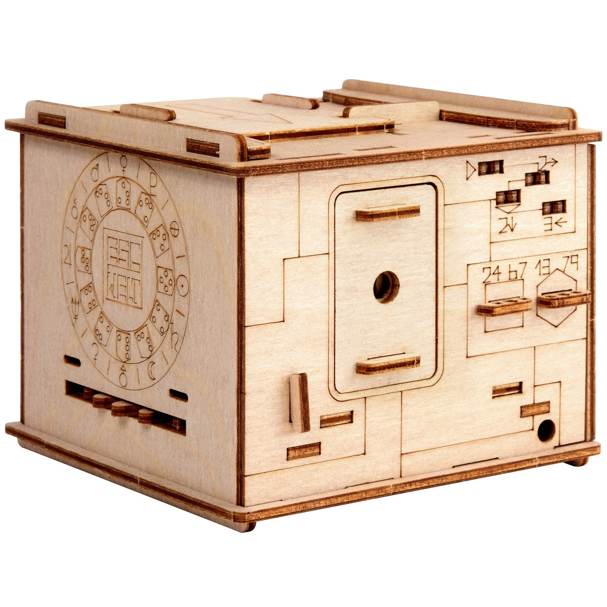 Space Box Riddle Box , shown on a white background: a cube-shaped box made of birch wood with a symbol disc and sliders