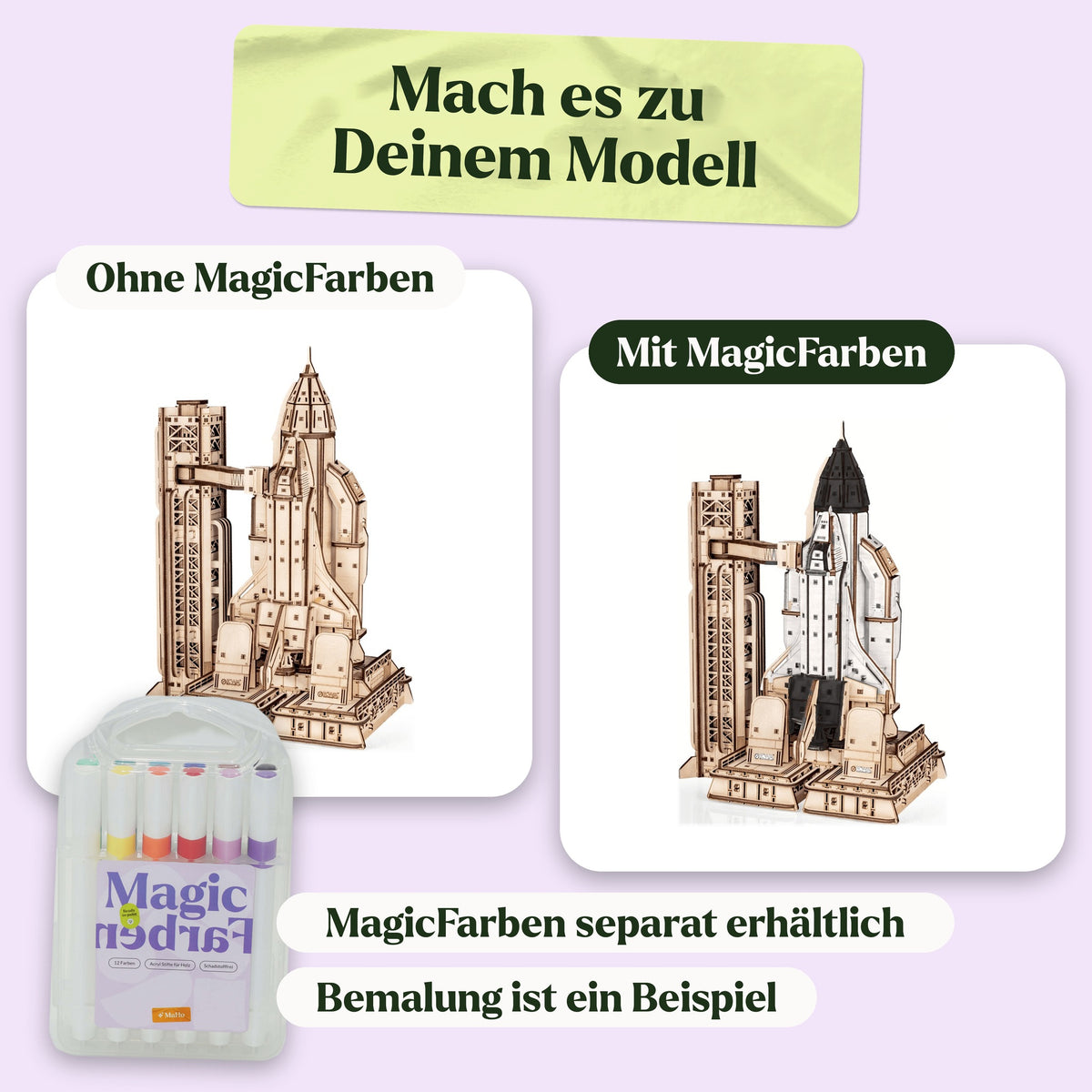 Space Shuttle Wooden Model Kit, natural finish, painted with Magic Paints as shown (Magic Paints sold separately)