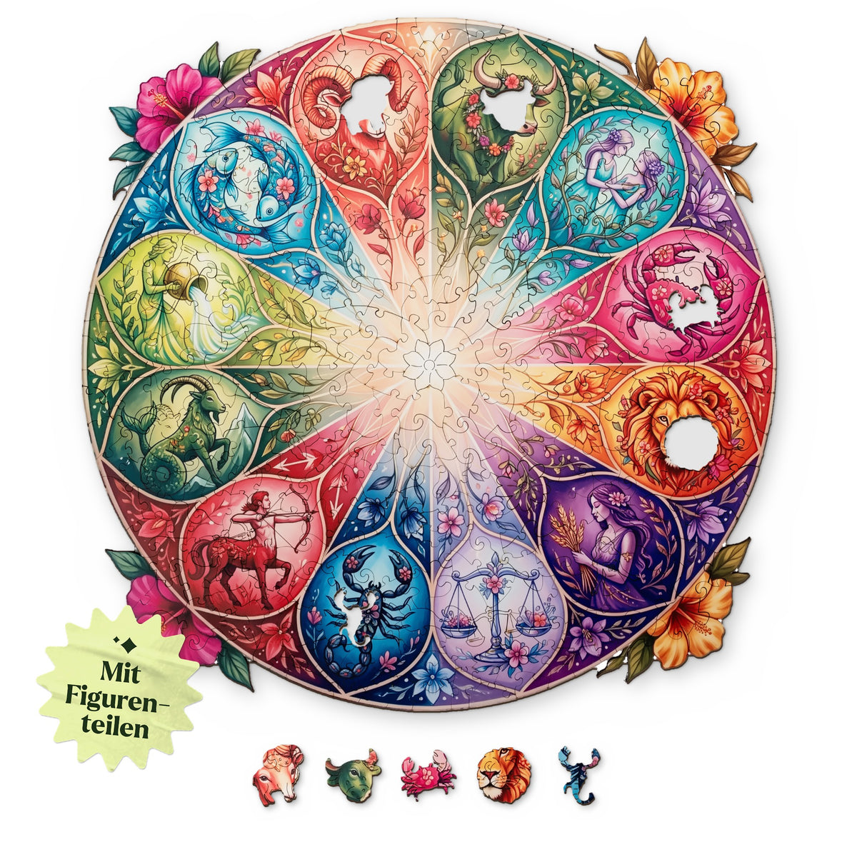 Puzzle en bois « Mandala des signes du zodiaque », motif vu d'en haut sur fond blanc, avec en dessous des éléments représentant le Bélier, le Taureau et le Cancer