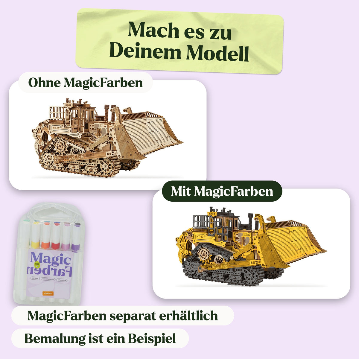 Terrain Titan Bulldozer Holzbausatz, naturbelassen und als Beispiel mit MagicFarben bemalt (MagicFarben separat erhältlich)