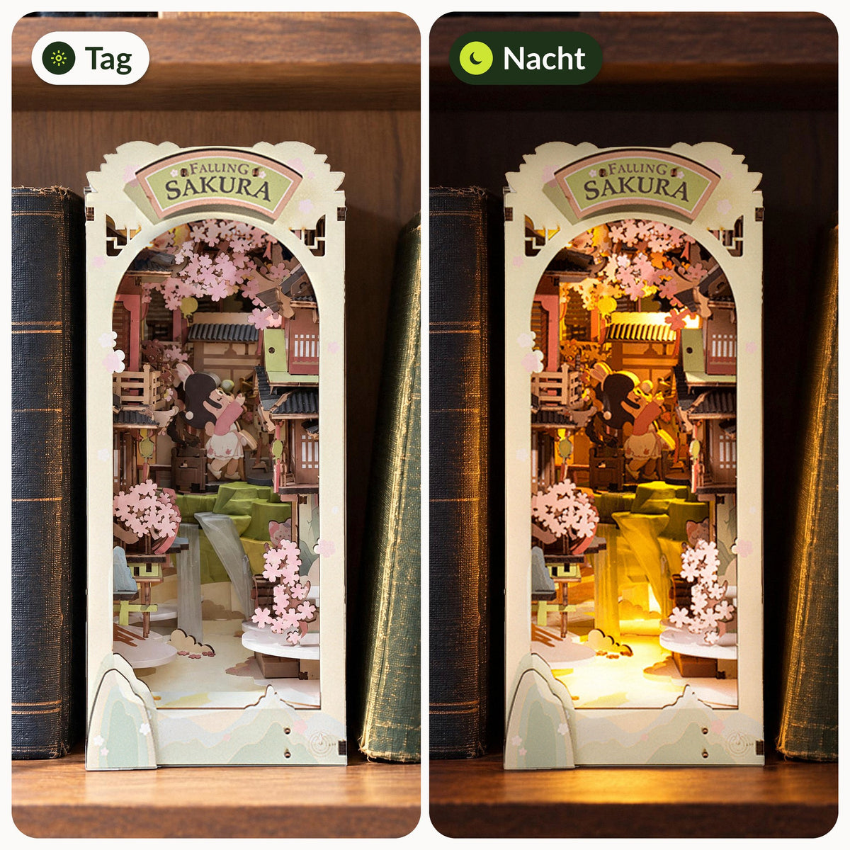 Falling Sakura Book Nook, frontal im Regal: links tagsüber mit Licht aus, rechts abends warm leuchtend