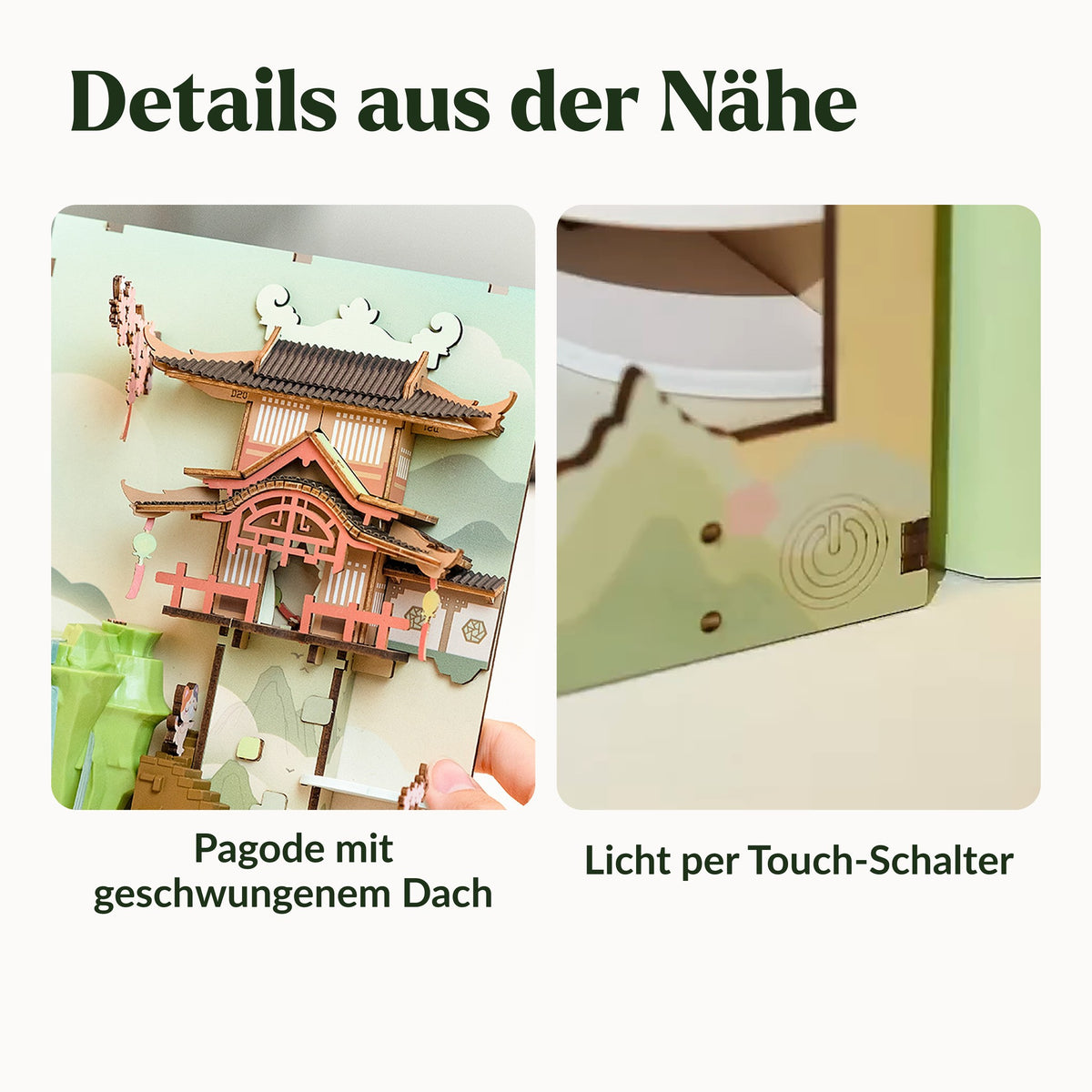 Falling Sakura Book Nook, Details: Pagode mit geschwungenem Dach und gravierter Touch-Schalter für das Licht