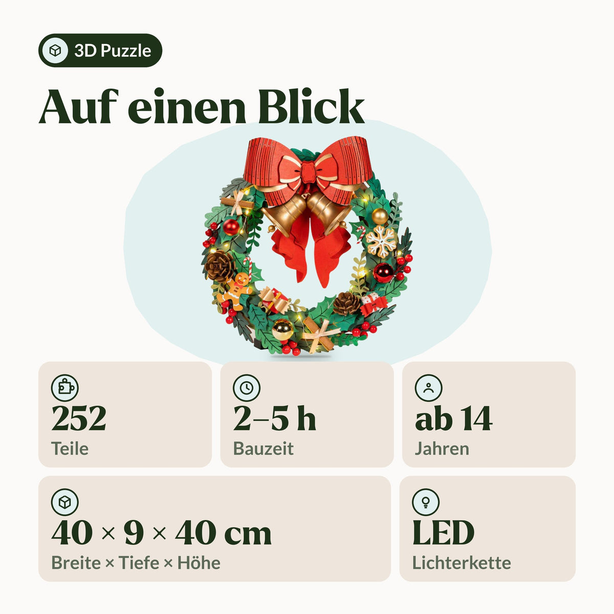 3D-puzzel ‘Kerstkrans’, infographic met 252 stukjes, bouwtijd 2 tot 5 uur, vanaf 14 jaar, 40 × 9 × 40 cm en LED-lichtslinger