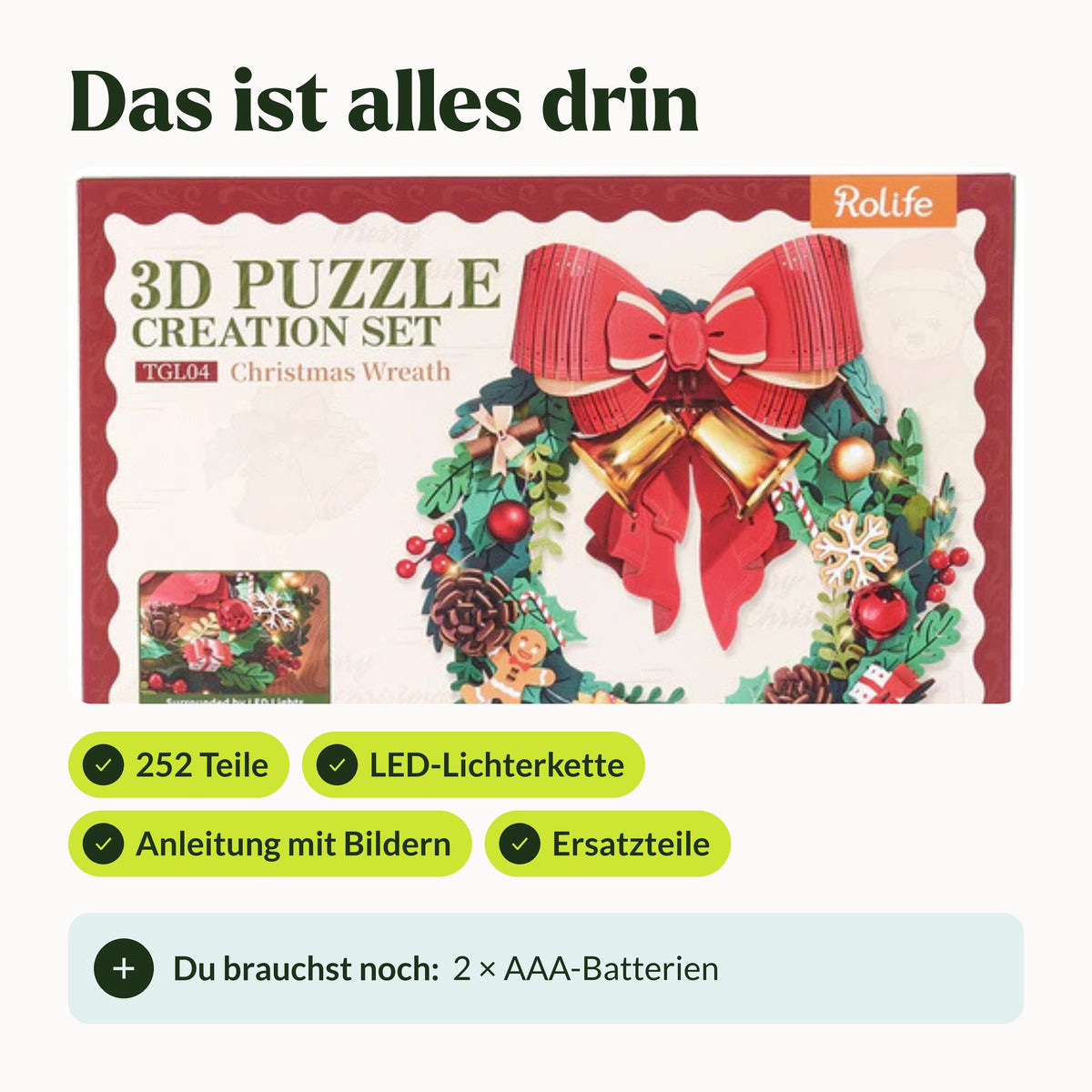 3D-puzzel ‘Kerstkrans’, wordt geleverd met doos, 252 stukjes, LED-lichtslinger en handleiding; je hebt er 2 AAA-batterijen voor nodig