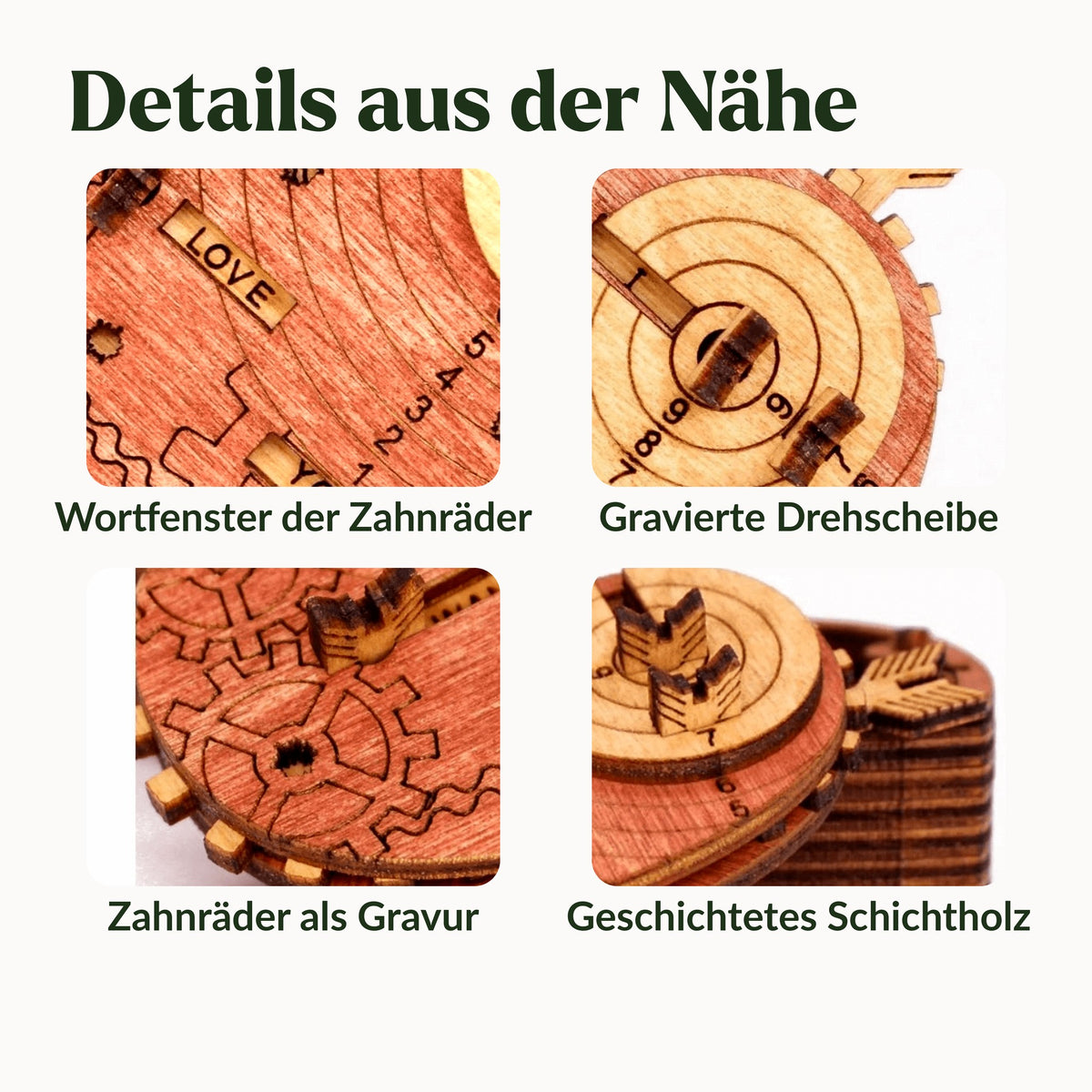 Tin Woodman's Heart im Detail: Wortfenster, gravierte Drehscheibe, Zahnrad-Gravur und Lagen aus Schichtholz