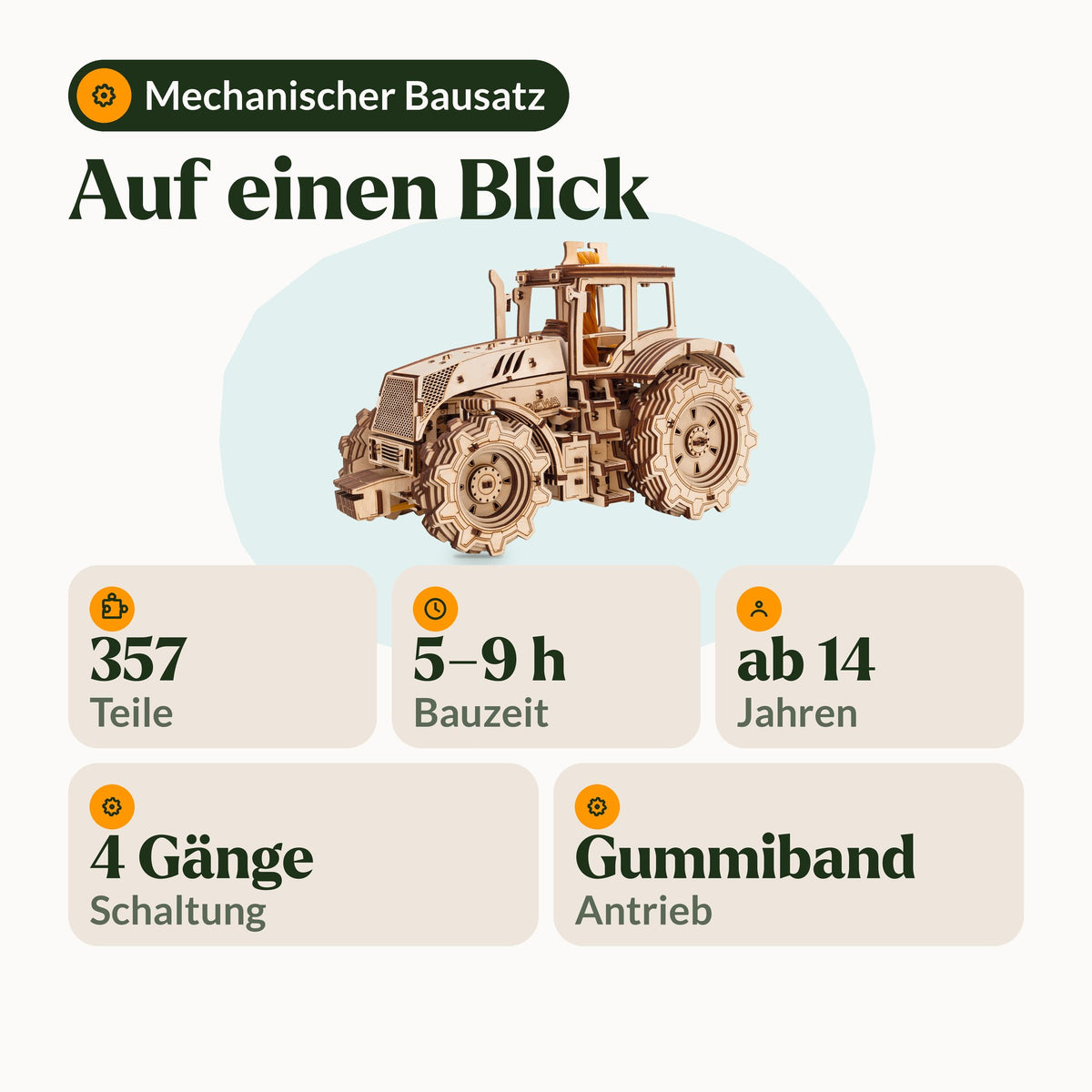 Tracteur mécanique, fiche technique : 357 pièces, 5 à 9 h de montage, à partir de 14 ans, boîte à 4 vitesses, entraînement par courroie en caoutchouc