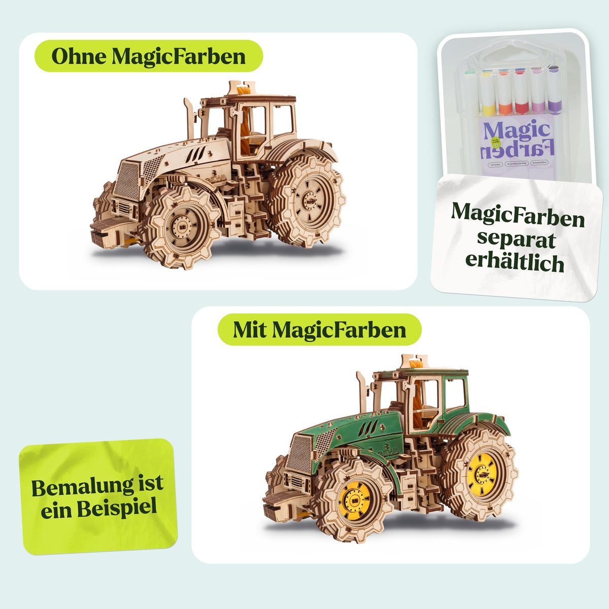 Tracteur mécanique, partie supérieure au naturel, partie inférieure avec un exemple de peinture en vert et jaune ; les peintures Magic sont vendues séparément
