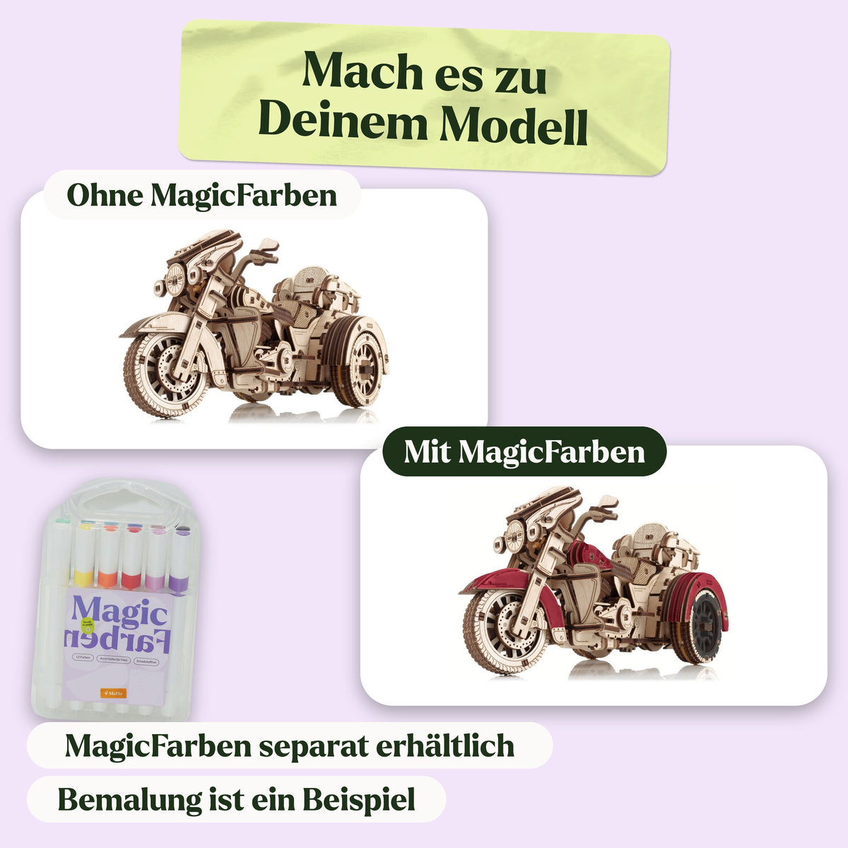 Trike Holzbausatz, naturbelassen und als Beispiel mit MagicFarben bemalt (MagicFarben separat erhältlich)