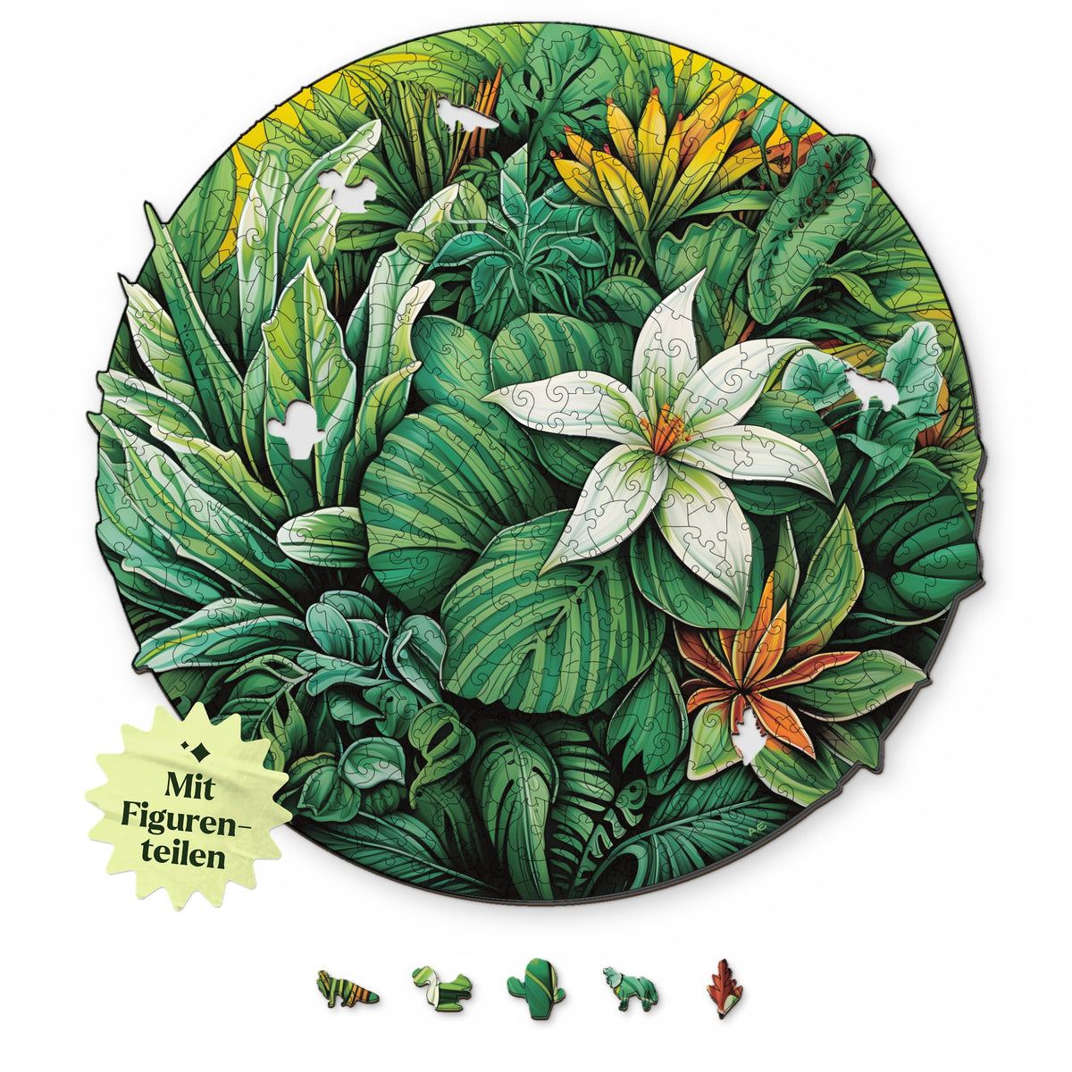 Tropische Oase Mandala Holzpuzzle, Motiv von oben auf Weiß, darunter Figurenteile wie Fuchs, Eichhörnchen und Kaktus