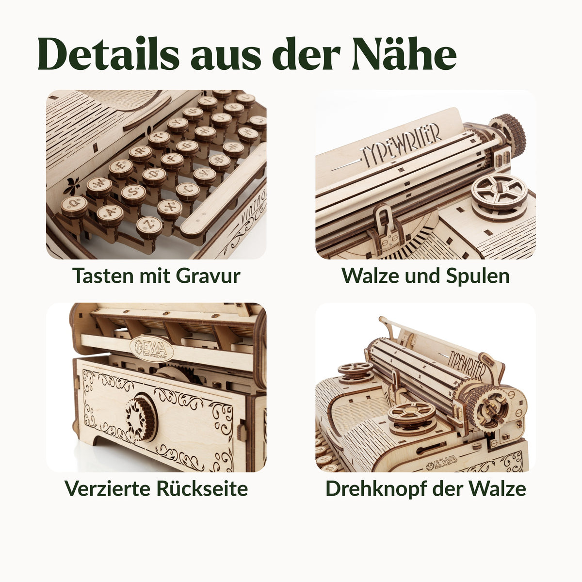 Schreibmaschine – Vintage Typewriter, vier Detailfotos: gravierte Tasten, Walze mit Spulen, verzierte Rückseite, Drehknopf