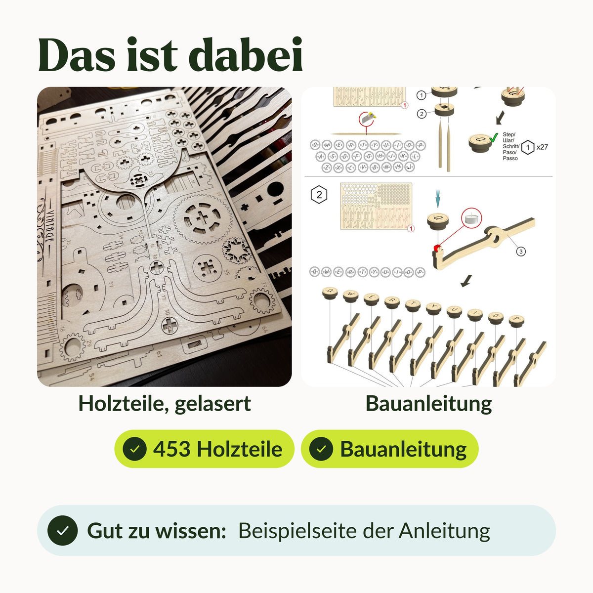 Schreibmaschine – Vintage Typewriter, Lieferumfang: 453 lasergeschnittene Holzteile und Bauanleitung