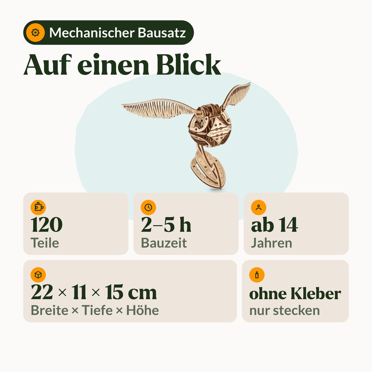 Golden Snitch – Harry Potter, Infographic: 120 pieces, 2–5 hours assembly time, ages 14 and up, 22 x 11 x 15 cm